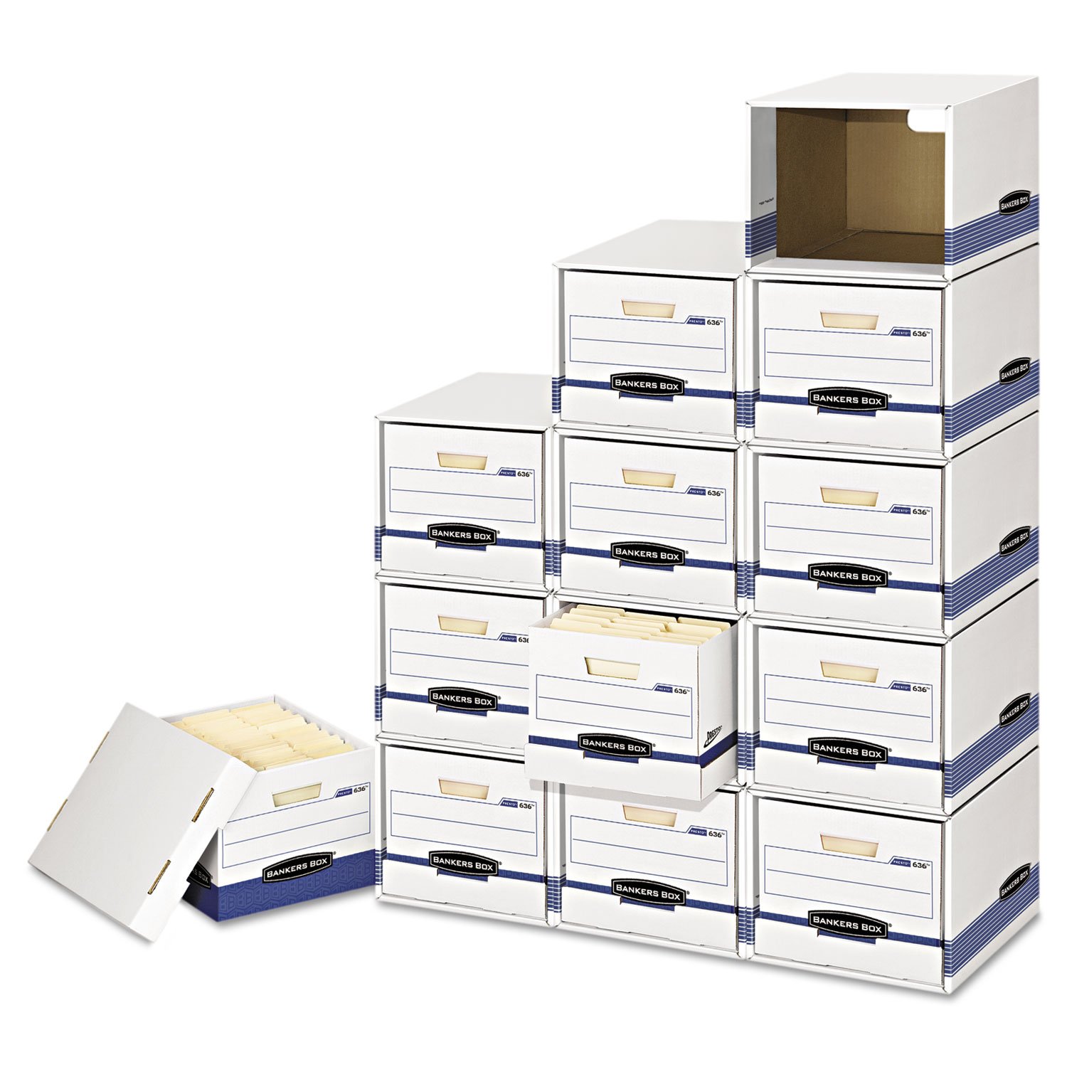 Bankers Box 0162601 File Storage Cube Box Shell - Legal/Letter Size 12 x 15 x 10 Inches - White and Blue Office Organizer for Documents, Files, and Supplies | Perfect for Home Office, Workplace, and School Organization
