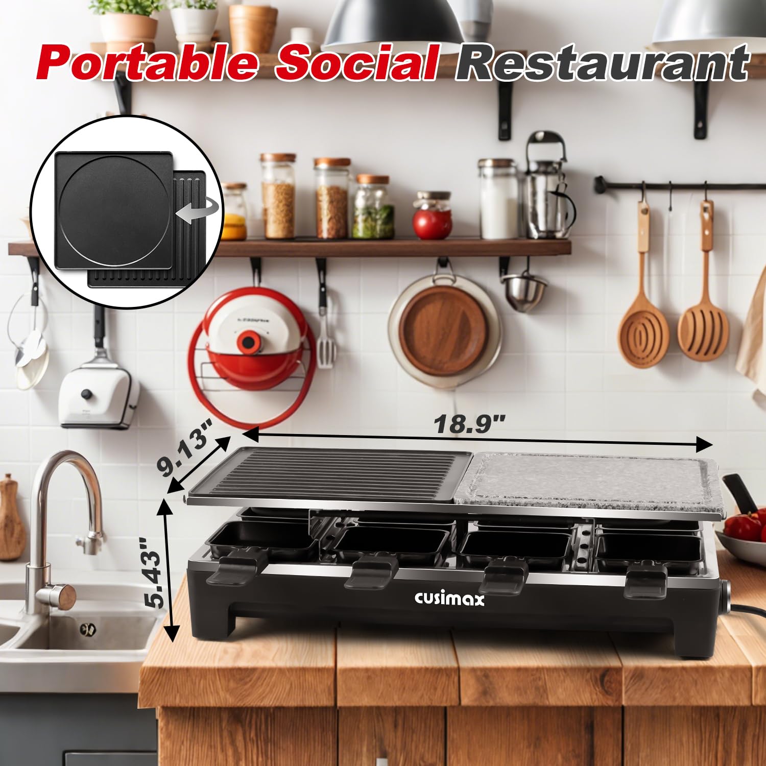 CUSIMAX Electric Raclette Grill - 1500W Portable Indoor Grill with 2-in-1 Reversible Non-Stick Plate & Natural Grill Stone - Korean BBQ Grill Set Includes 8 Pans & Wooden Spatulas - Perfect for Home Cooking, Parties & Family Gatherings