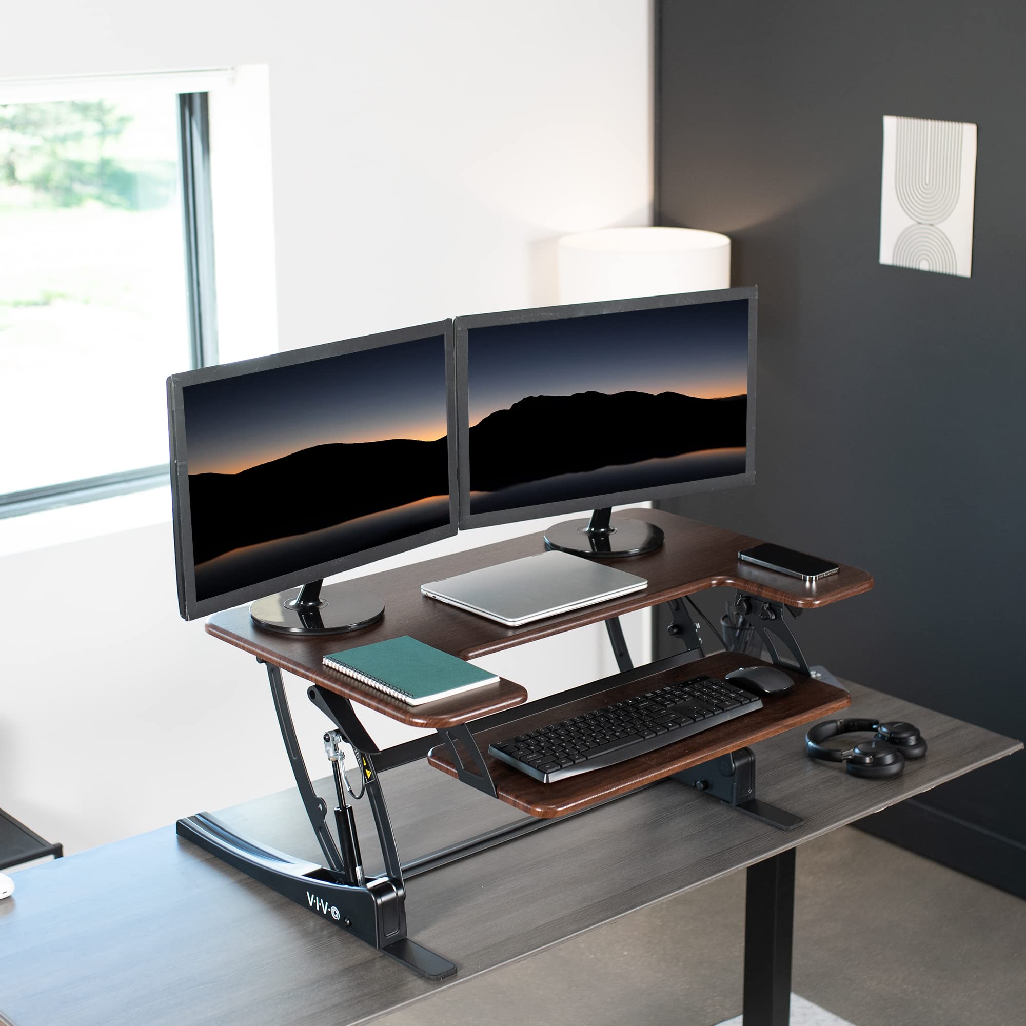 VIVO Dark Wood Height Adjustable 91cm Stand Up Desk Converter - Quick Sit to Stand Tabletop Dual Monitor Riser Workstation for Home & Office (DESK-V000VD) | Ergonomic Workspace Solution for Computer, Laptop & Monitor Setup
