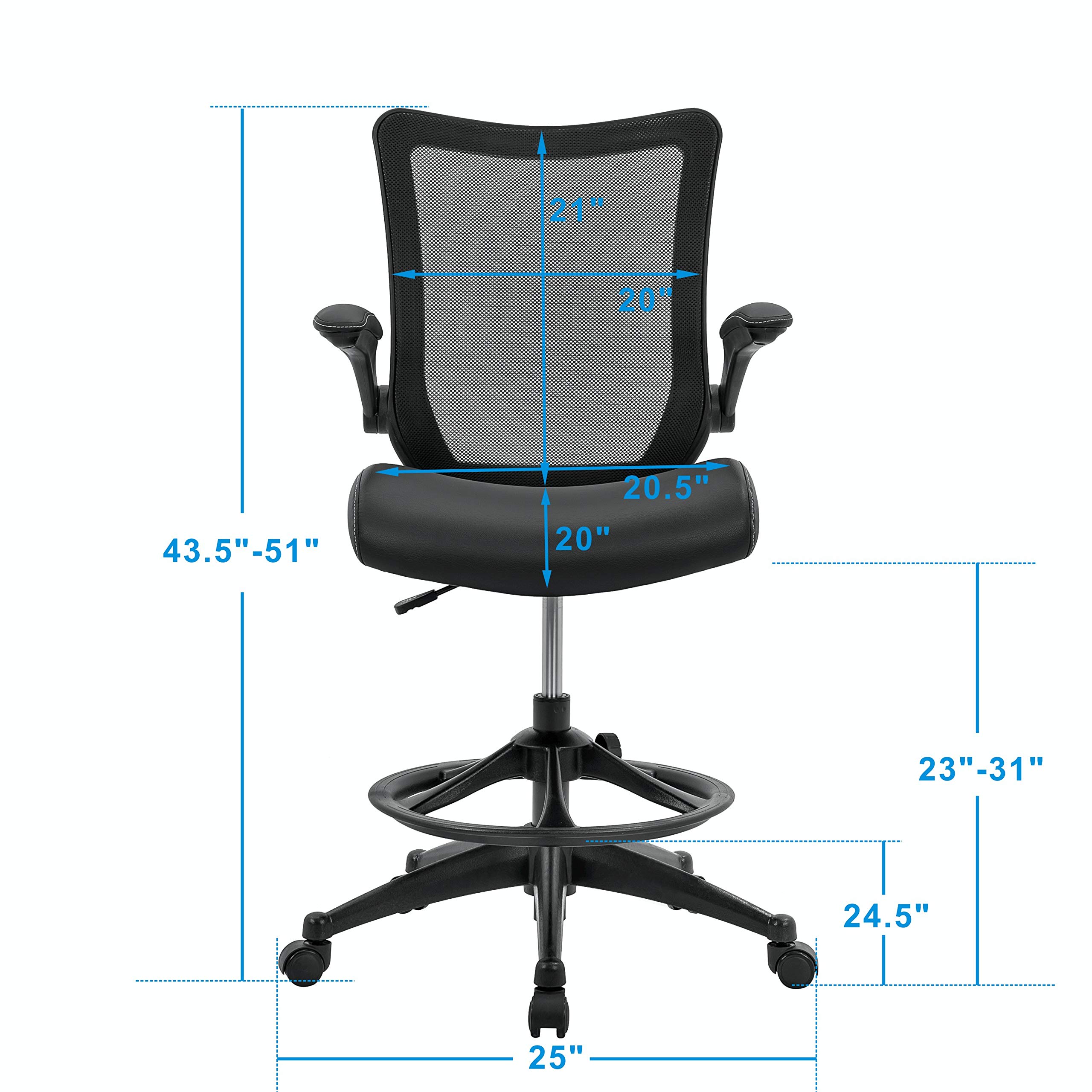 OfficeFactor Ergonomic Drafting Chair - Adjustable Height Tall Office Chair with Flip-Up Armrests, 300 lb Weight Capacity, Mesh Back & Comfortable Leather Seat (Black) - Perfect for Standing Desks, Architects, Artists and Home Office Workspaces