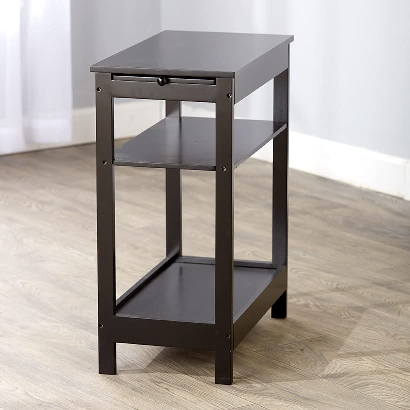 Compact Side Accent Table with Sliding Pull Tray & Shelf - Small Space End Table for Living Room, Bedroom, Office - Black Wood Nightstand for Home Decor