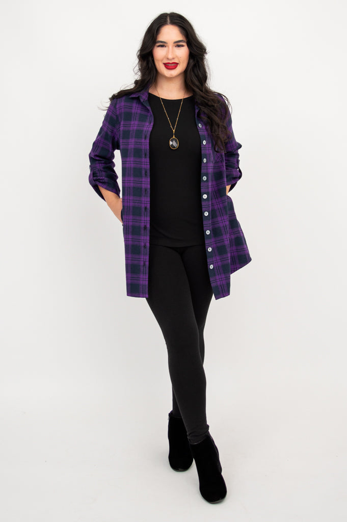 Celine Women's Cotton Tunic Top - Acai Plaid Print, Casual Long Blouse for Work, Office, and Everyday Wear