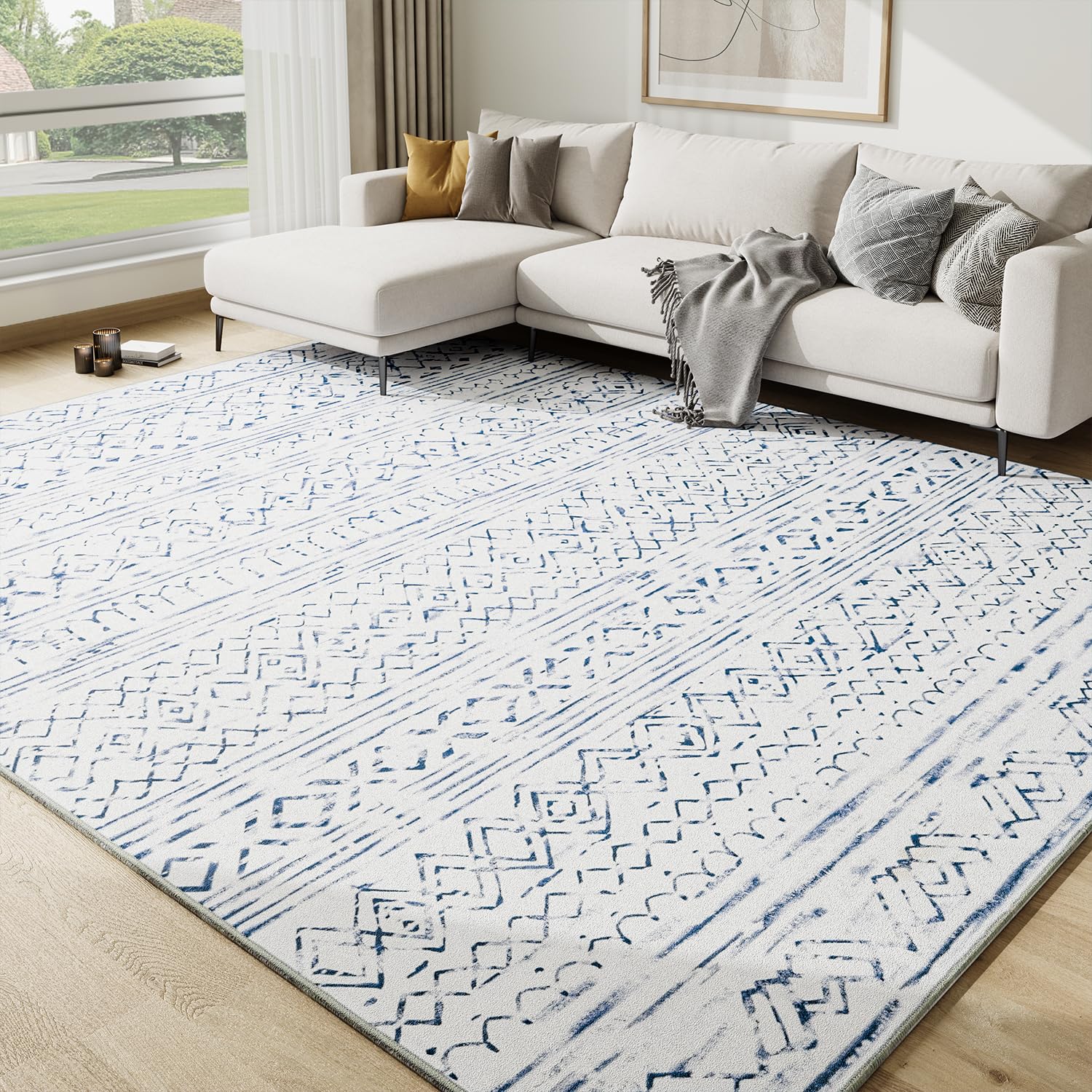 8x10 Non-Slip Machine Washable Modern Moroccan Boho Area Rug - Super Soft Indoor Carpet for Living Room, Bedroom, Dining Room, Office & Playroom - Blue Home Decor for Cozy Spaces & Stylish Interiors