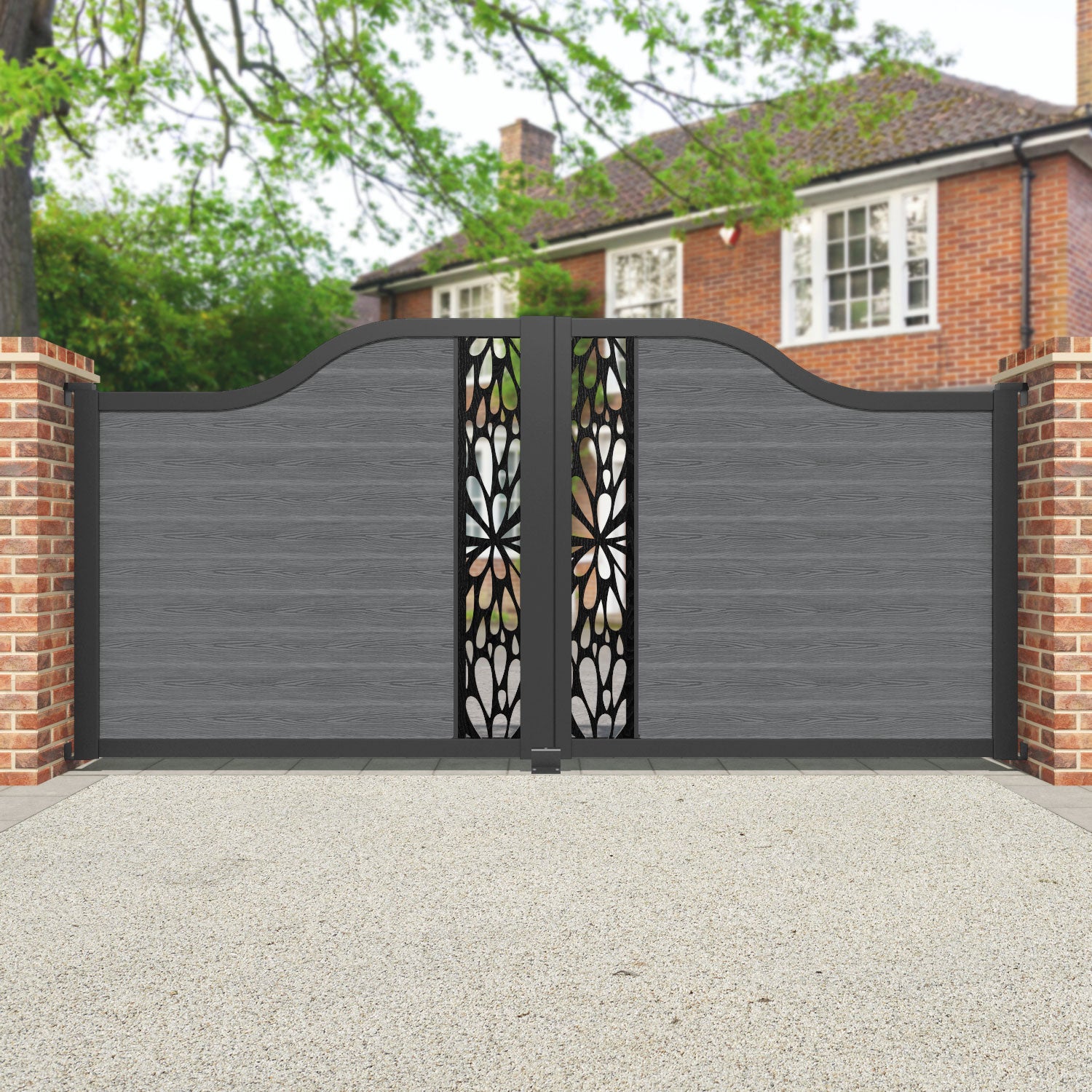 Classic Blossom Curved Top Driveway Gate - Mid Grey Wrought Iron Fence with Decorative Middle Screen | Elegant Home Entrance & Garden Security Barrier for Residential Properties