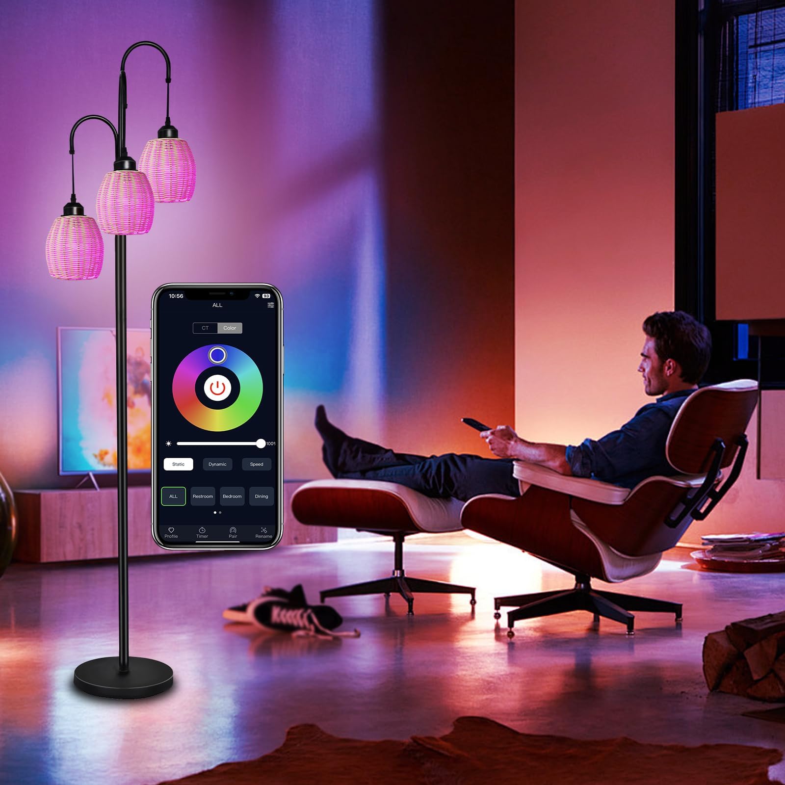 RGB Boho Floor Lamp for Living Room & Bedroom - Dimmable Rattan 3-Light Standing Lamp with App & Remote Control, Includes 3 RGB LED Bulbs | Perfect for Farmhouse Decor, Mood Lighting & Cozy Ambiance