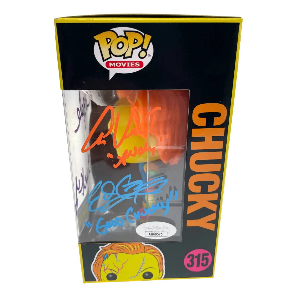 Chucky Funko Pop #315 Neon - Autographed by Ed Gale, Alex Vincent & Edan Gross with JSA COA - Signed Horror Collectible for Fans & Movie Memorabilia Enthusiasts