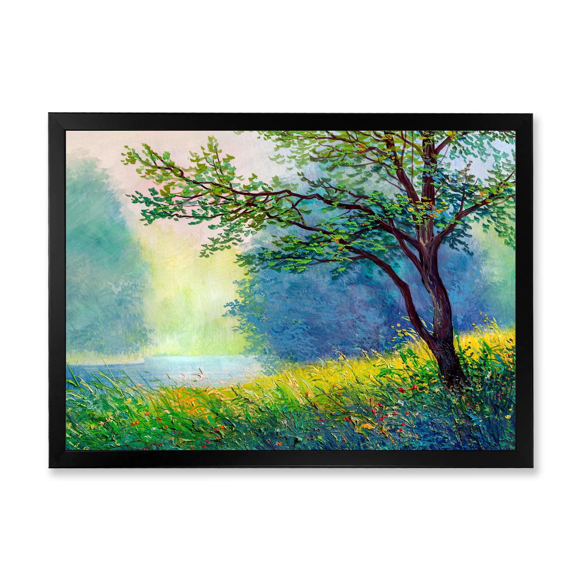 DesignQ Summer Forest With River and Waterfall Traditional Framed Wall Art - Nature Landscape Canvas Painting for Living Room, Bedroom & Office Decor