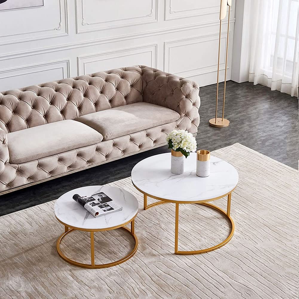 Round Nesting Coffee Table Set of 2 - White Marble Look Table Top with Metal Frame - Modern Side End Tables for Living Room, Bedroom (70+50cm) - Perfect for Snacks, Tea Time and Small Space Decor