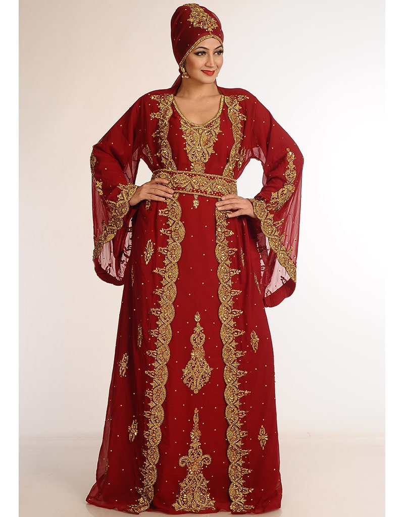 Elegant Arabic Maroon Georgette Kaftan with Hand Zari Embroidery - Perfect for Weddings, Parties & Special Occasions