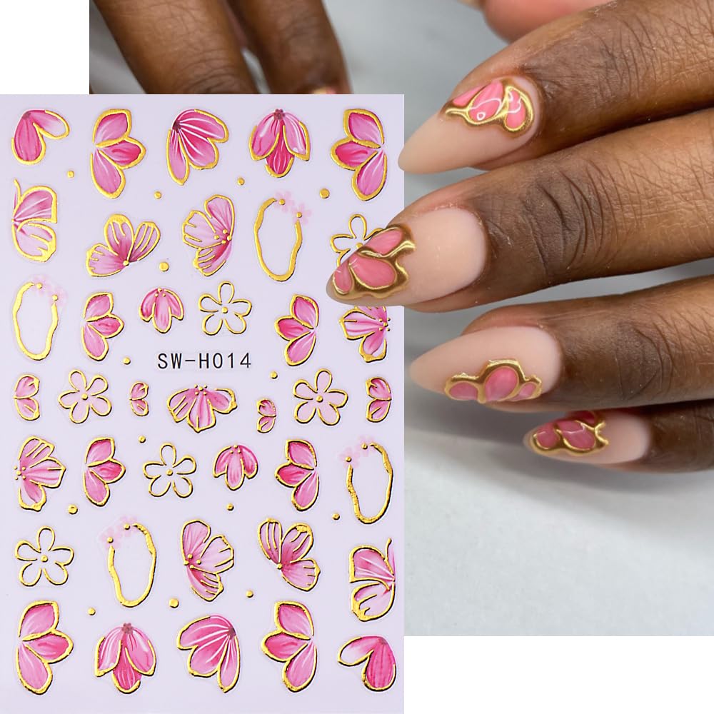 Pink Flower Nail Art Stickers - 4PCS Spring Blossom 3D Self-Adhesive Nail Decals with Golden Edge for Women | DIY Manicure Supplies | Perfect for Valentine's Day, Spring Nail Decor & Party Nail Art