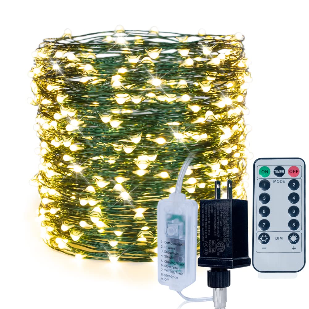 HarrizonTek 165ft 500 LED Mini Christmas Tree Lights - Green Wire Fairy String Lights with Remote Control, Warm White for Indoor Outdoor Decor - Perfect for Xmas Tree, Bedroom, House, Wedding & Party Decoration