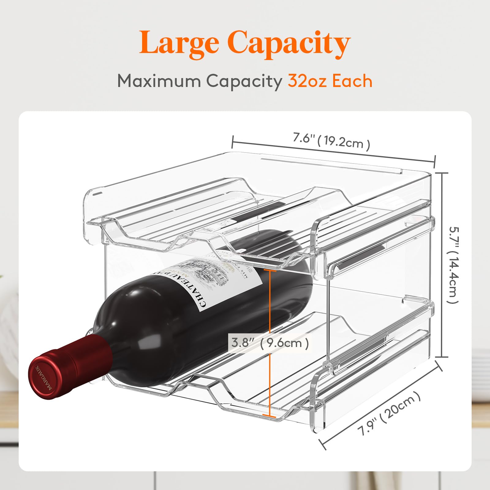 Stackable Plastic Wine Rack for Refrigerator - 8 Bottle Organizer for Cabinet, Countertop, Pantry | Space-Saving Wine & Water Bottle Holder for Kitchen, Home Bar, Party Storage