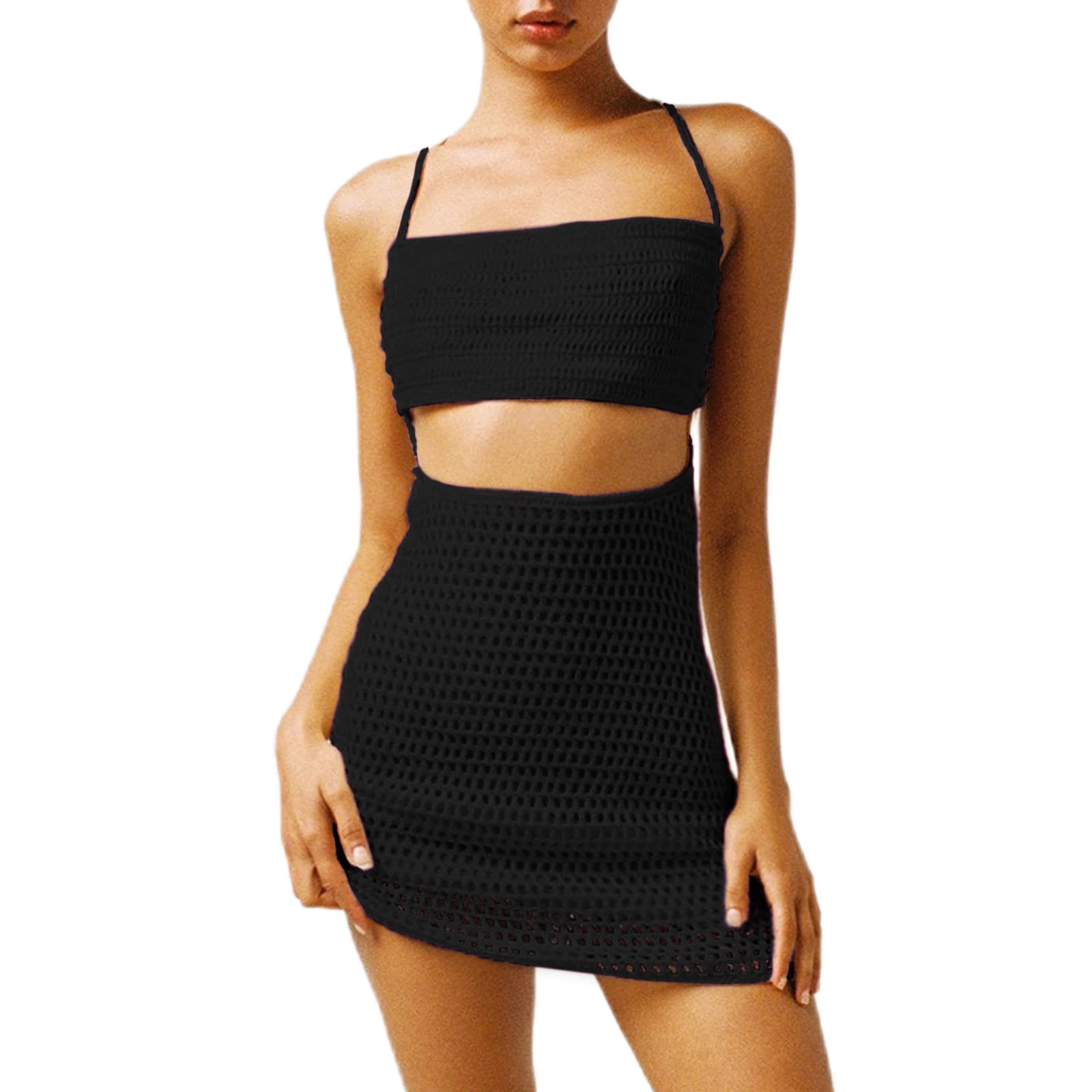 Women's 2-Piece Outfit - Sleeveless Bodycon Knit Mini Skirt Set & Crop Camisole Top | Y2K Slim Fit Summer Streetwear | Perfect for Beach, Club, and Casual Outings