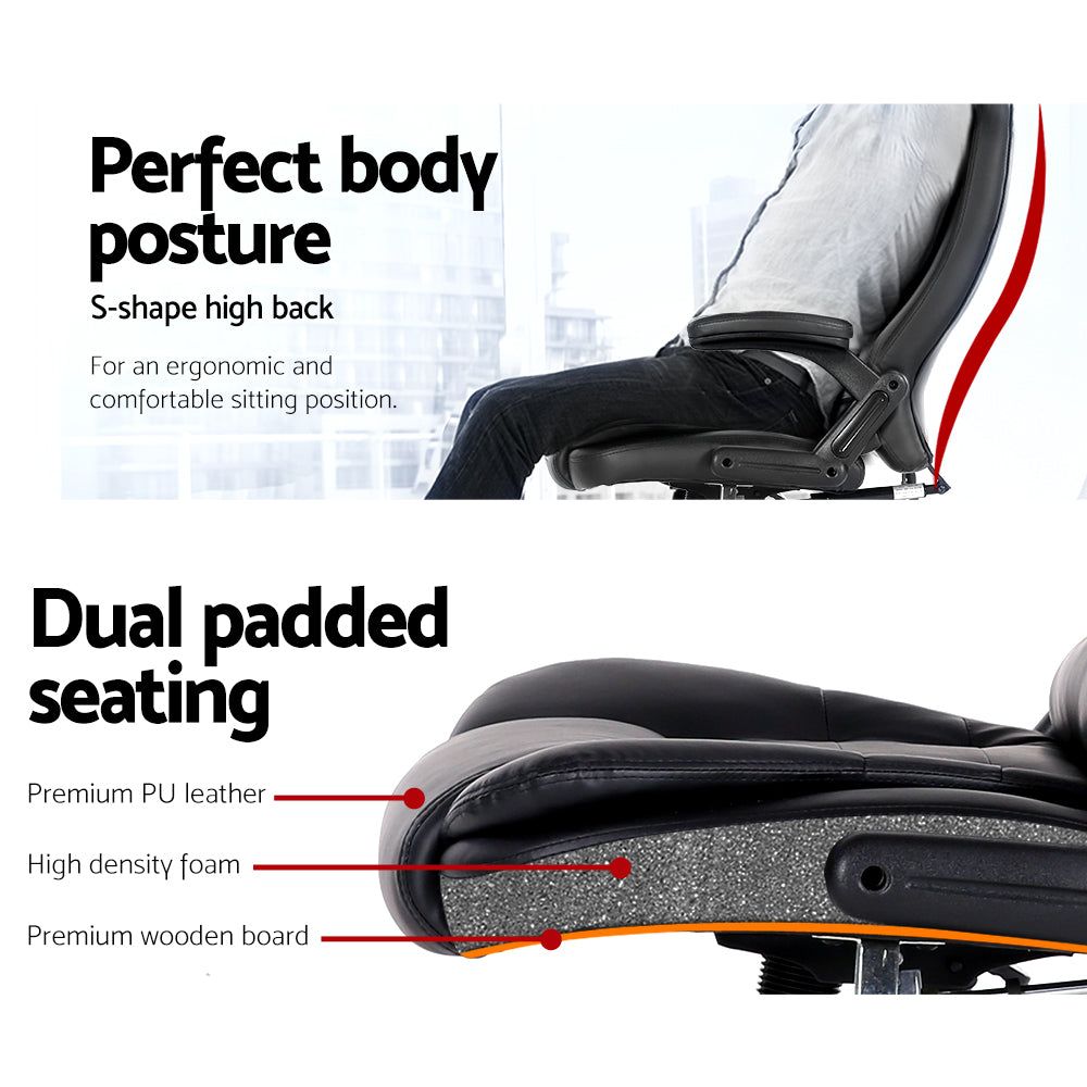 Artiss 8-Point Massage Office Chair - Ergonomic PU Leather Executive Chair with Lumbar Support - Black - Perfect for Home Office, Gaming & Workspace Comfort