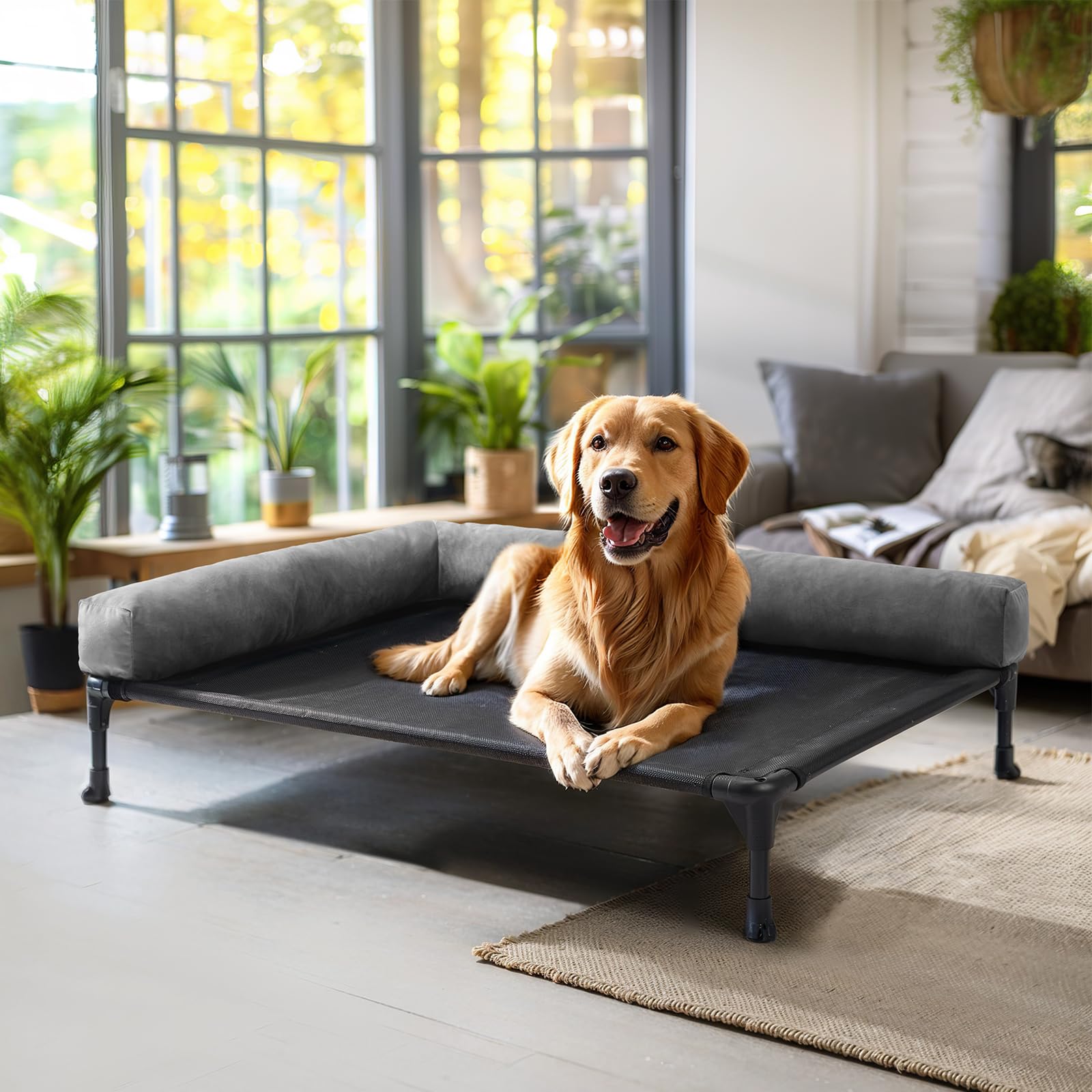 Veehoo Elevated Cooling Dog Bed - Breathable Mesh Raised Cot for Large Dogs, Outdoor & Indoor Use with No-Slip Feet & Removable Bolster - 42 x 30 Inch Black - Perfect for Patio, Backyard, or Living Room Comfort
