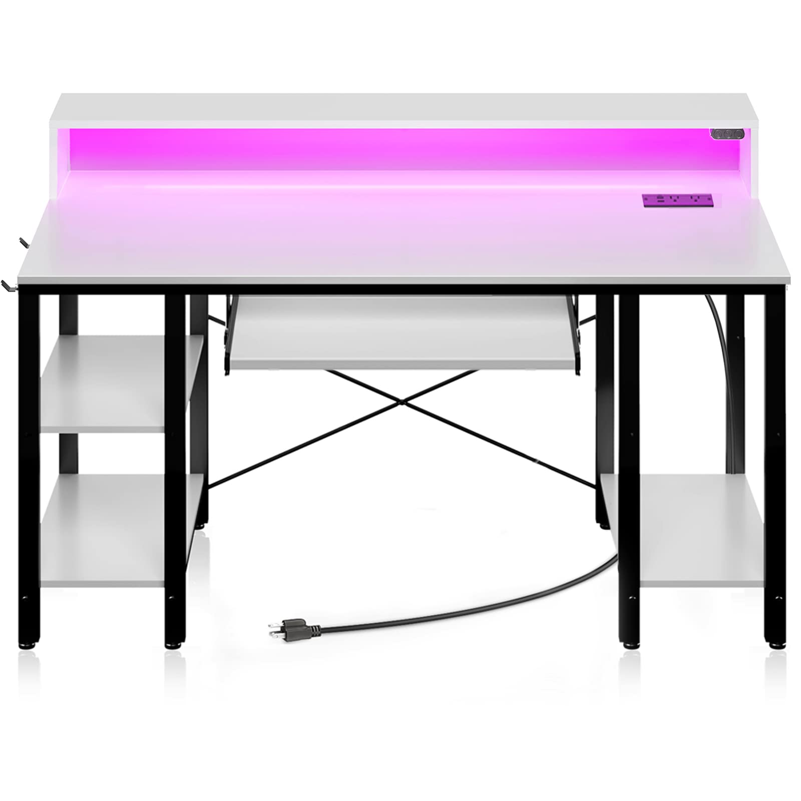 Rolanstar 54-inch LED Gaming Desk with Power Outlets, Storage Shelves & Keyboard Tray - Modern Home Office Computer Desk with Monitor Stand, White | Perfect for Gaming Setup, Remote Work & Study Space