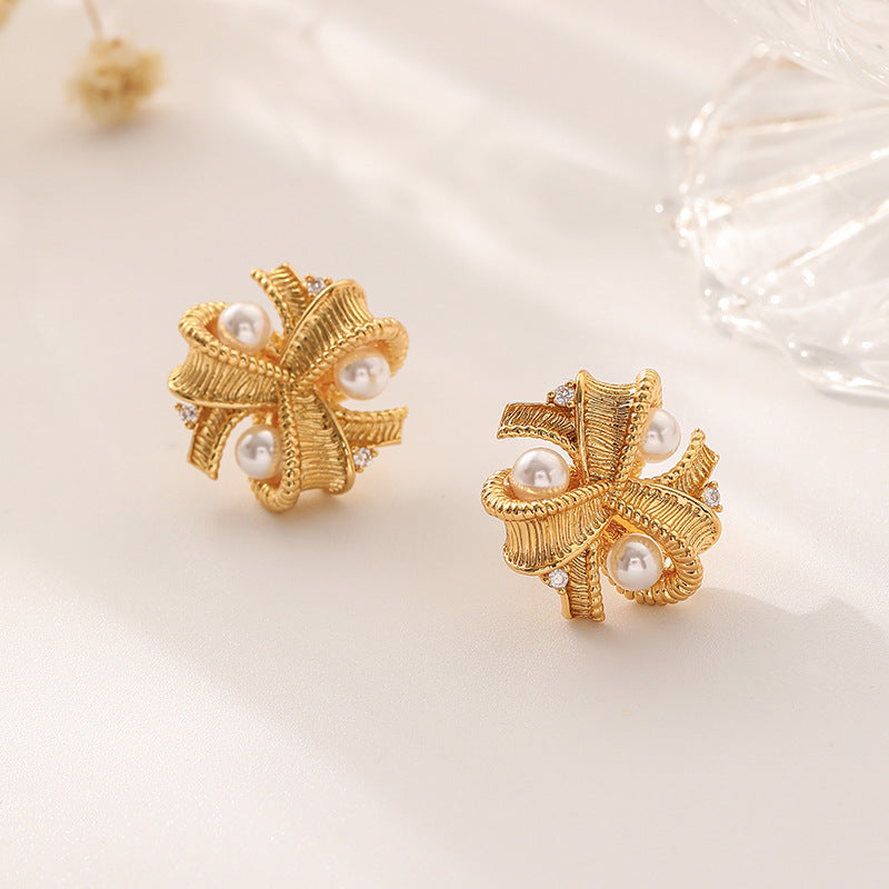 Vintage Metallic Pearl Stud Earrings for Women - DMS217 | Classic Elegant Jewelry Gift for Birthday, Anniversary & Special Occasions