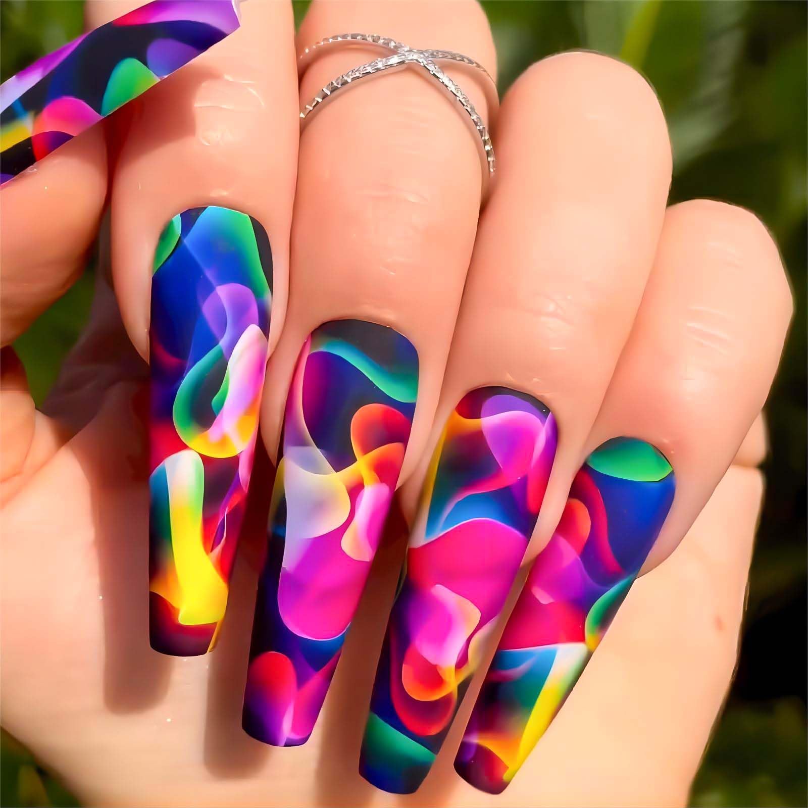 24Pcs Acrylic Press on Nails Long Coffin Fake Nails with Glue - Water Ripple Rainbow Designs Full Cover Artificial Nails for Women, Salon & Party Use