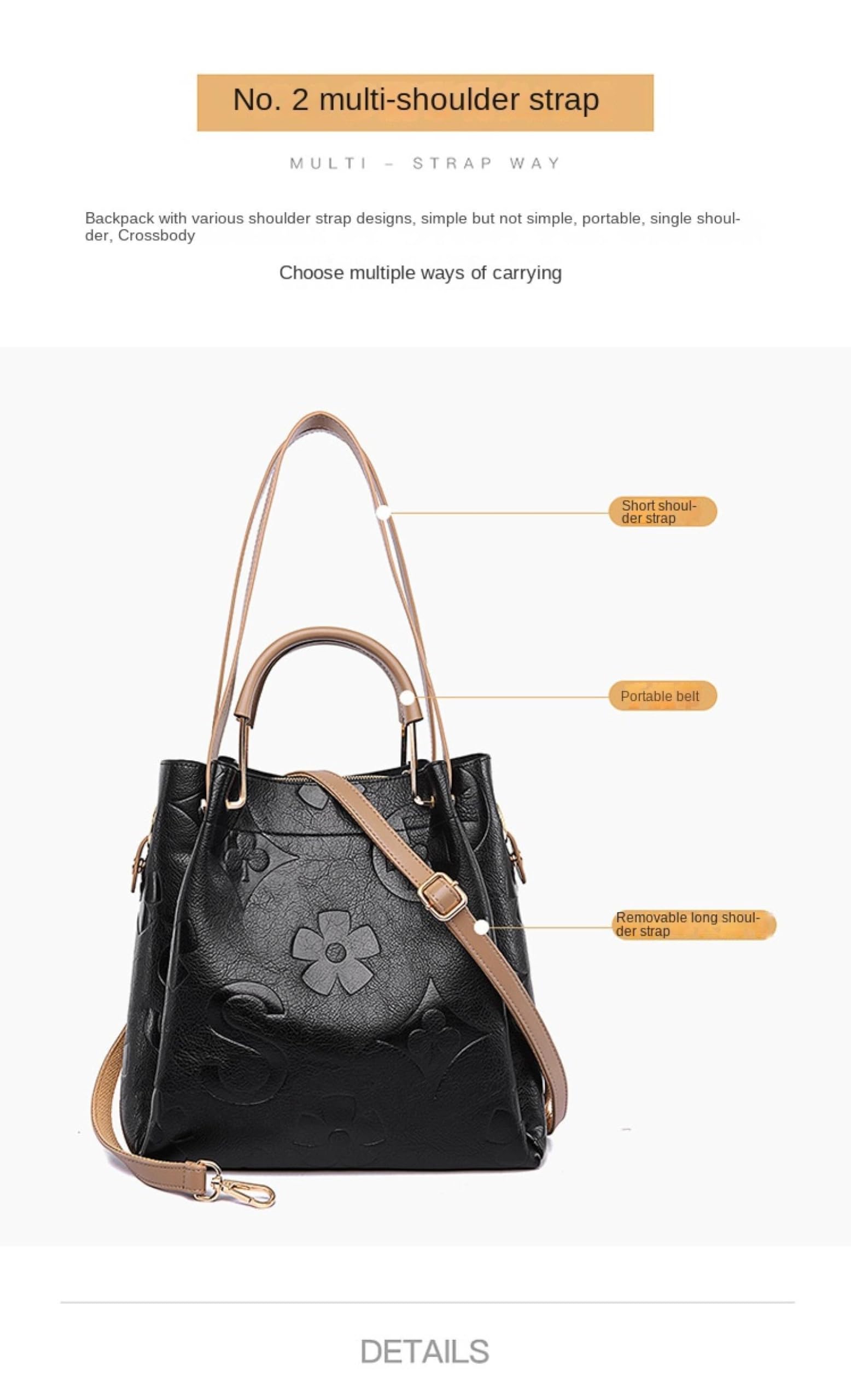 Stylish Women's Large Capacity Embossed Leather Bucket Bag - Fashionable Tote Handbag with Slanted Handle for Everyday Use, Work, and Travel - Black
