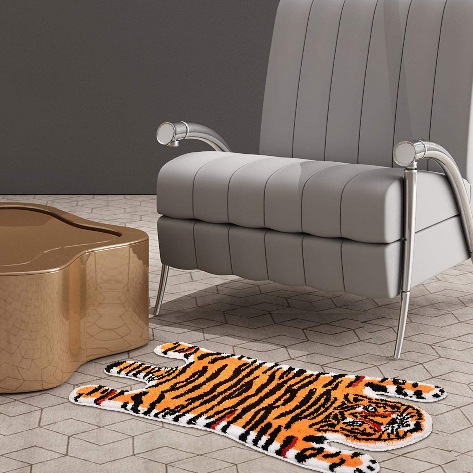Panstar Non-Slip Tiger Bath Mat - Super Absorbent Plush Cartoon Animal Shaped Bathroom Rug for Kids & Adults, Soft Orange Yellow Tiger Design - Perfect for Bathroom, Shower, and Bathtub Safety