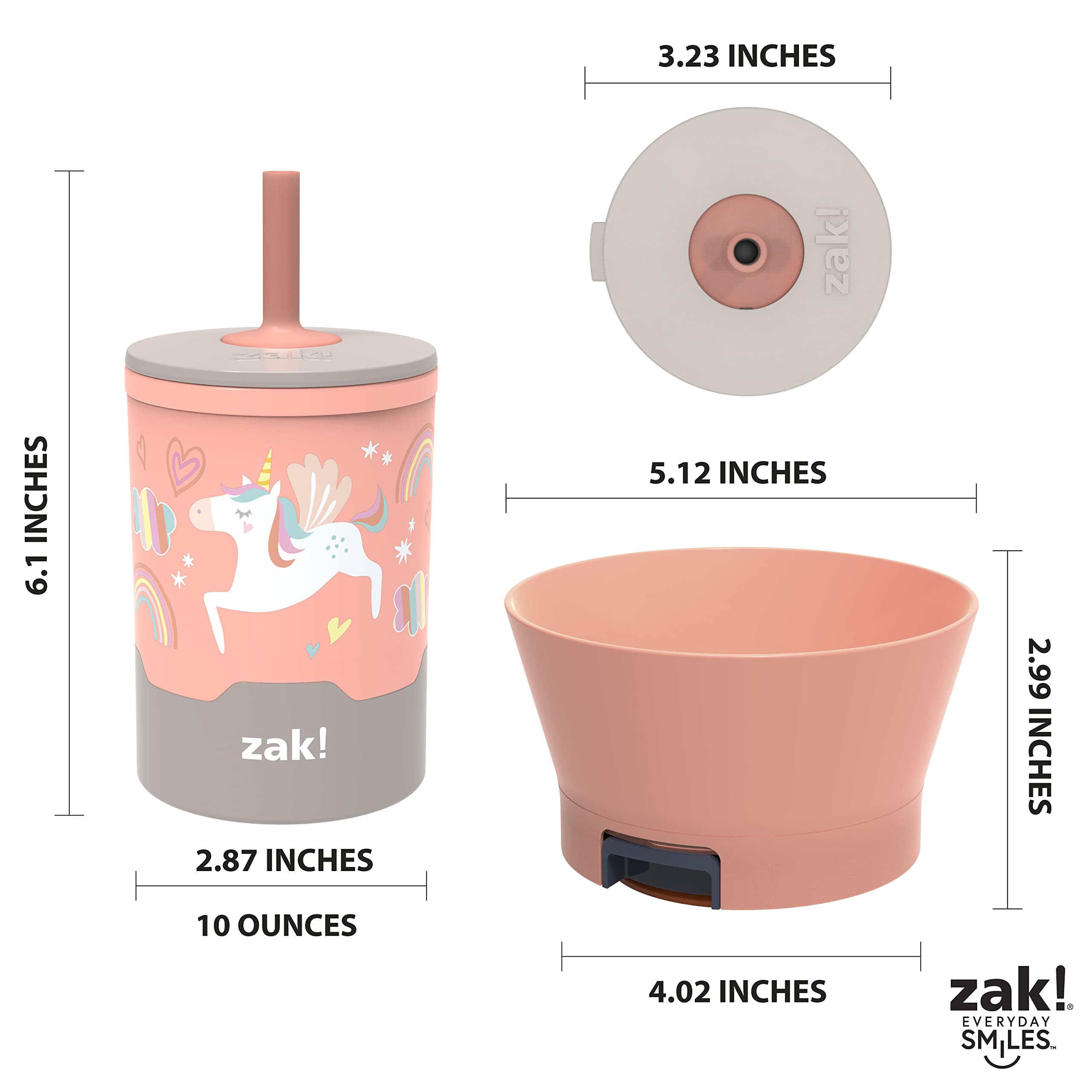 Zak Designs Mighty Mug Kids Dinnerware Set - Spill-Proof Plastic Cup & Tip-Proof Bowl, BPA-Free & Durable (10oz, 2-Piece, Unicorn) - Perfect for Toddlers Mealtime, Daycare or Travel