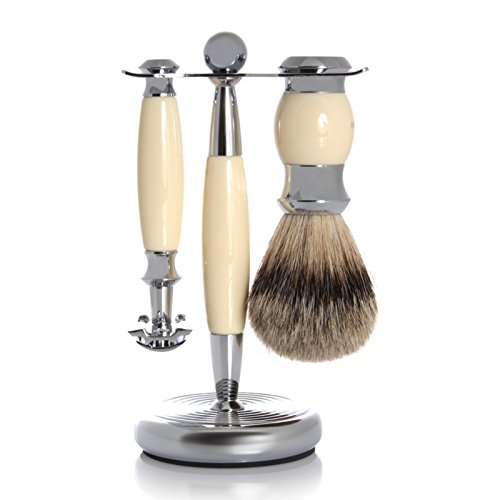 Premium GOLDDACHS Shaving Set with Safety Razor & Finest Badger Hair Brush - White/Silver - Luxury Wet Shaving Kit for Men - Perfect Gift for Father's Day, Birthday & Grooming Enthusiasts