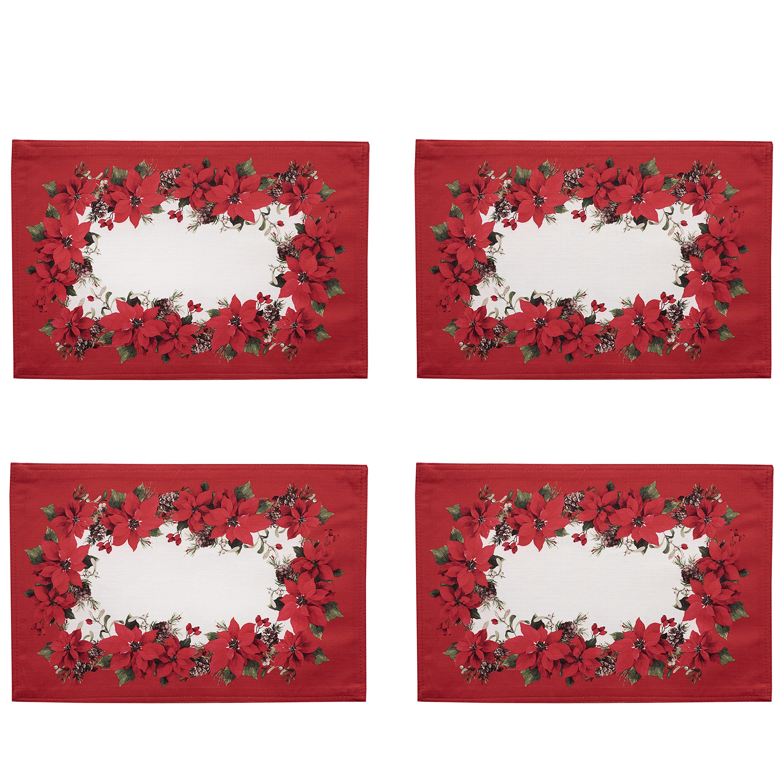 Newbridge Christmas Blooming Poinsettia Double Bordered Set of 4 Fabric Placemats - Holiday Red & White Poinsettia Dining Table Mats for Festive Decorations & Holiday Dinner Parties