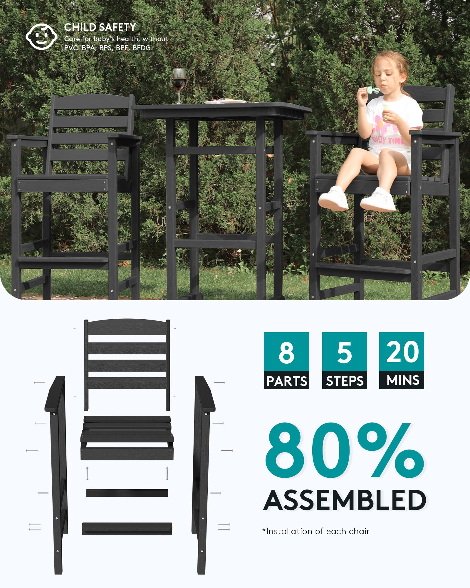 SERWALL 5-Piece Adirondack Bar Chair Set - Durable HDPE Outdoor Bar Stools with Pub Table - Black Patio Furniture for Bistro, Balcony, Poolside & Garden Decor - Perfect for Backyard, Deck & Outdoor Entertaining
