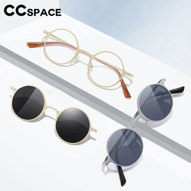 CCspace Women's Full Rim Round Alloy Eyeglasses with Clip-On Sunglasses - Stylish & Lightweight Frame for Reading, Driving, and Outdoor Activities (Model 302147)