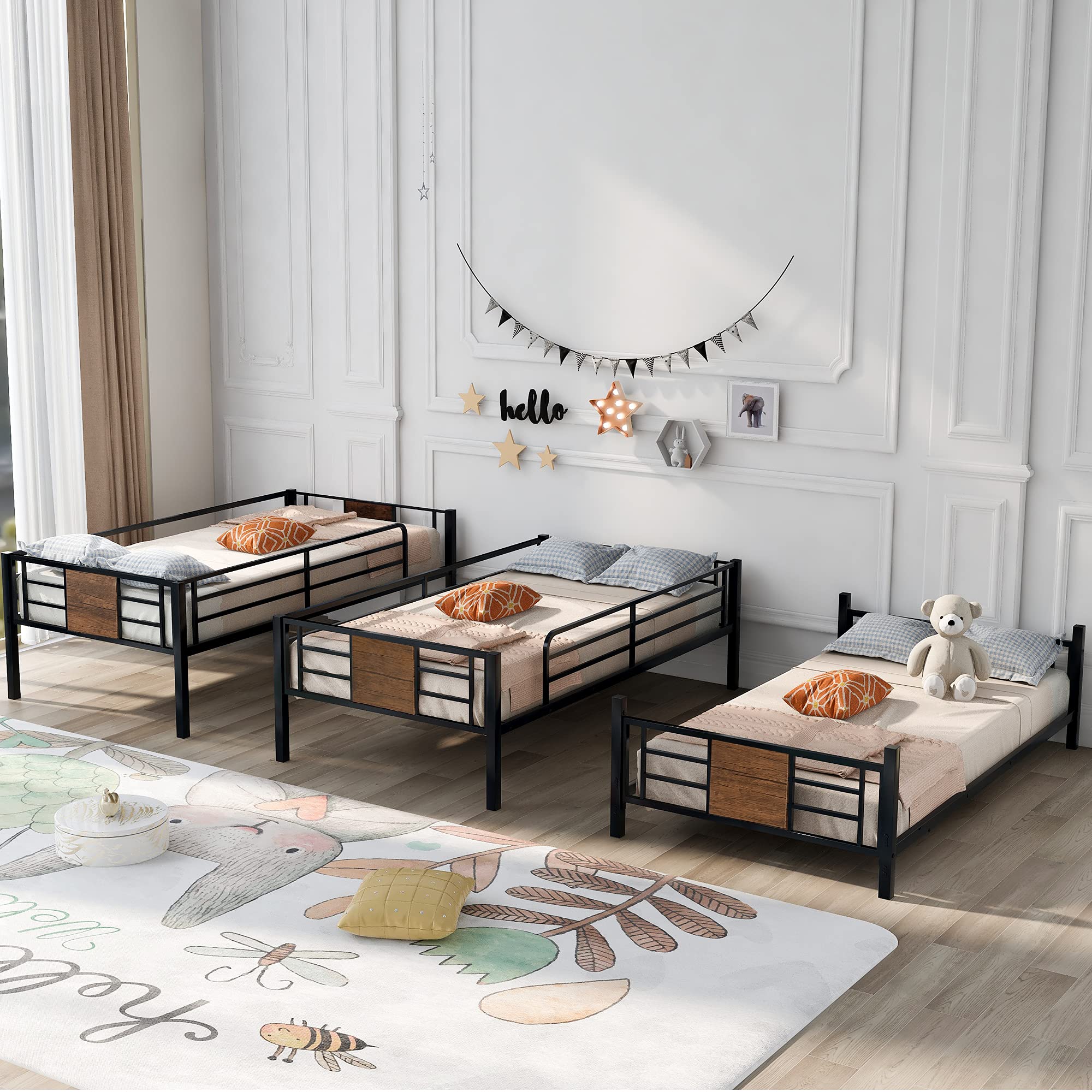 Sturdy Metal Triple Bunk Bed Frame - Twin Over Twin Over Twin with Safety Guardrails & Built-in Ladder - Space-Saving Solution for Kids & Teens (Black/Brown/Steel) - Perfect for Dorms, Hostels, and Shared Kids' Rooms