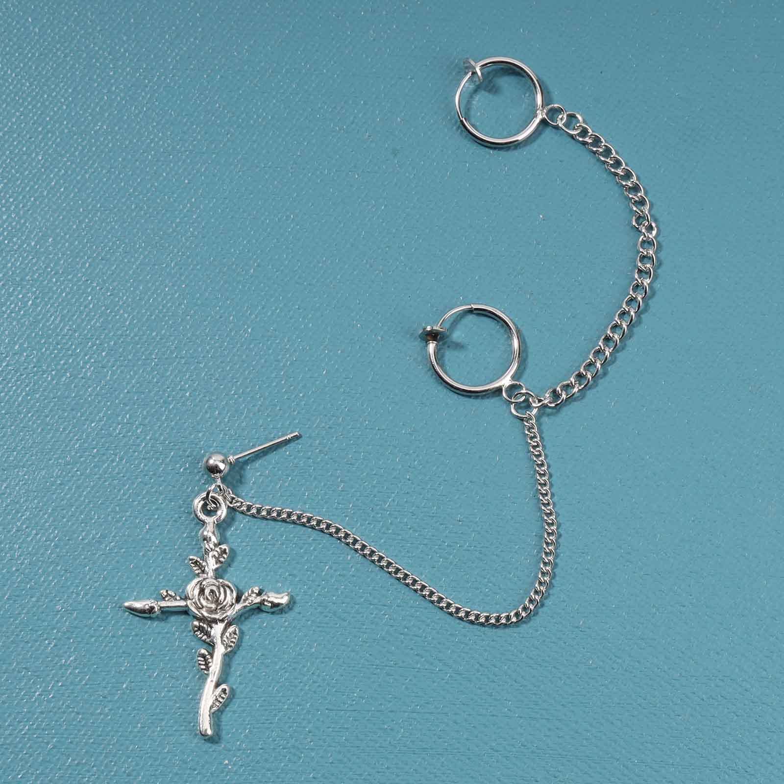 Silver Cross Dangle Chain Earrings for Women - Long Crucifix Drop Earrings with Cuff Wrap Design | Religious Jewelry Gift for Church, Weddings & Everyday Wear