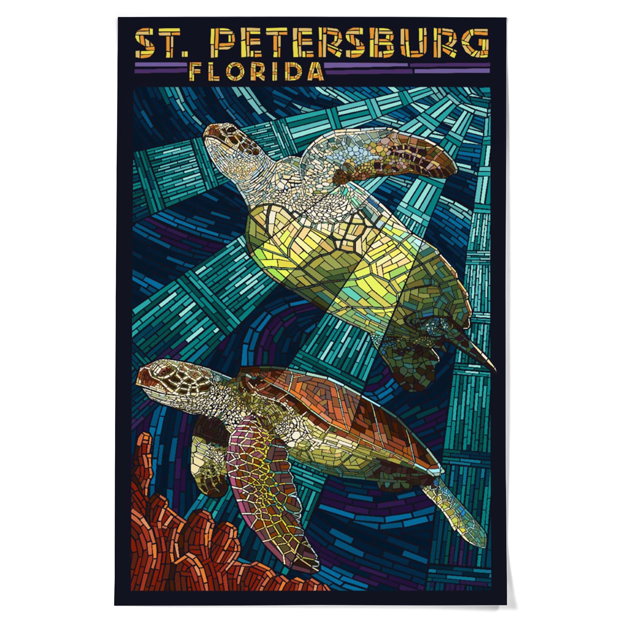 Lantern Press 36x54 Inch Giclee Art Print - St. Petersburg Florida Sea Turtle Mosaic Wall Decor | Premium Paper Art for Living Room, Bedroom & Office