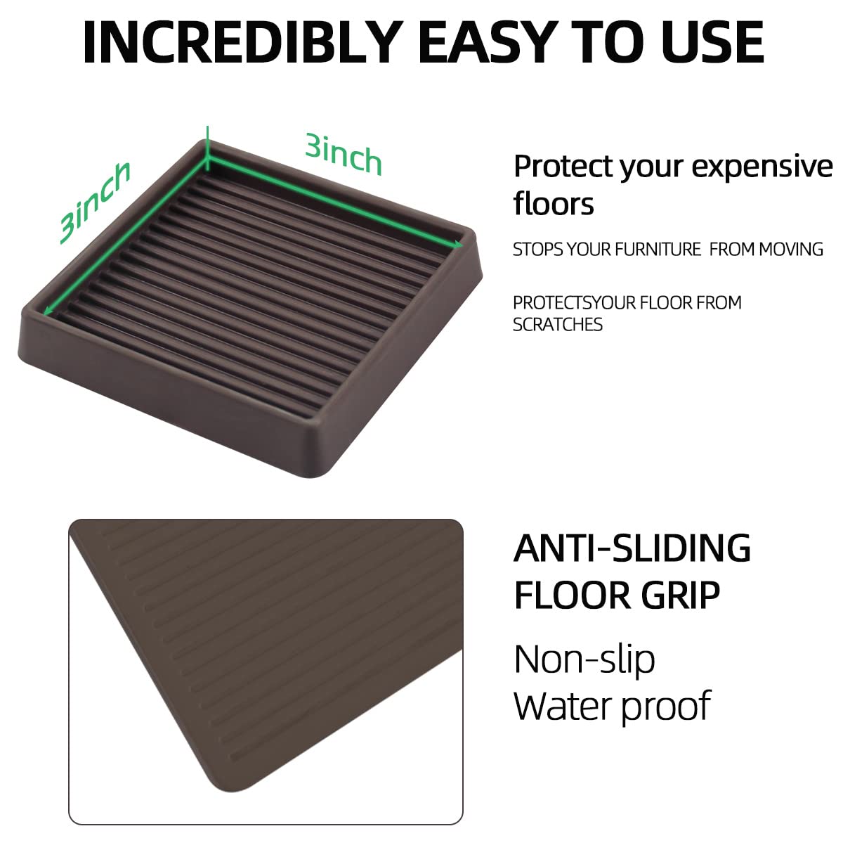 3X3 Inch Square Rubber Furniture Caster Cups - Non-Slip Floor Protectors with Anti-Skid Grip (Set of 4) - Perfect for Hardwood Floors, Office Chairs, and Moving Heavy Furniture