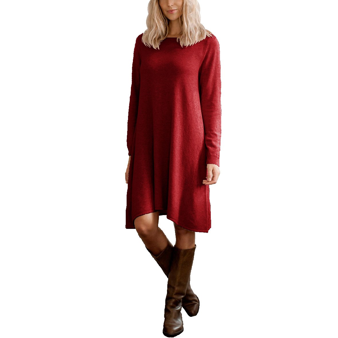 Parisbonbon Women's 100% Cashmere Crew Neck Sweater Dress - Dark Red Size 2X - Soft & Warm Winter Outfit for Office, Date Night & Holiday Parties