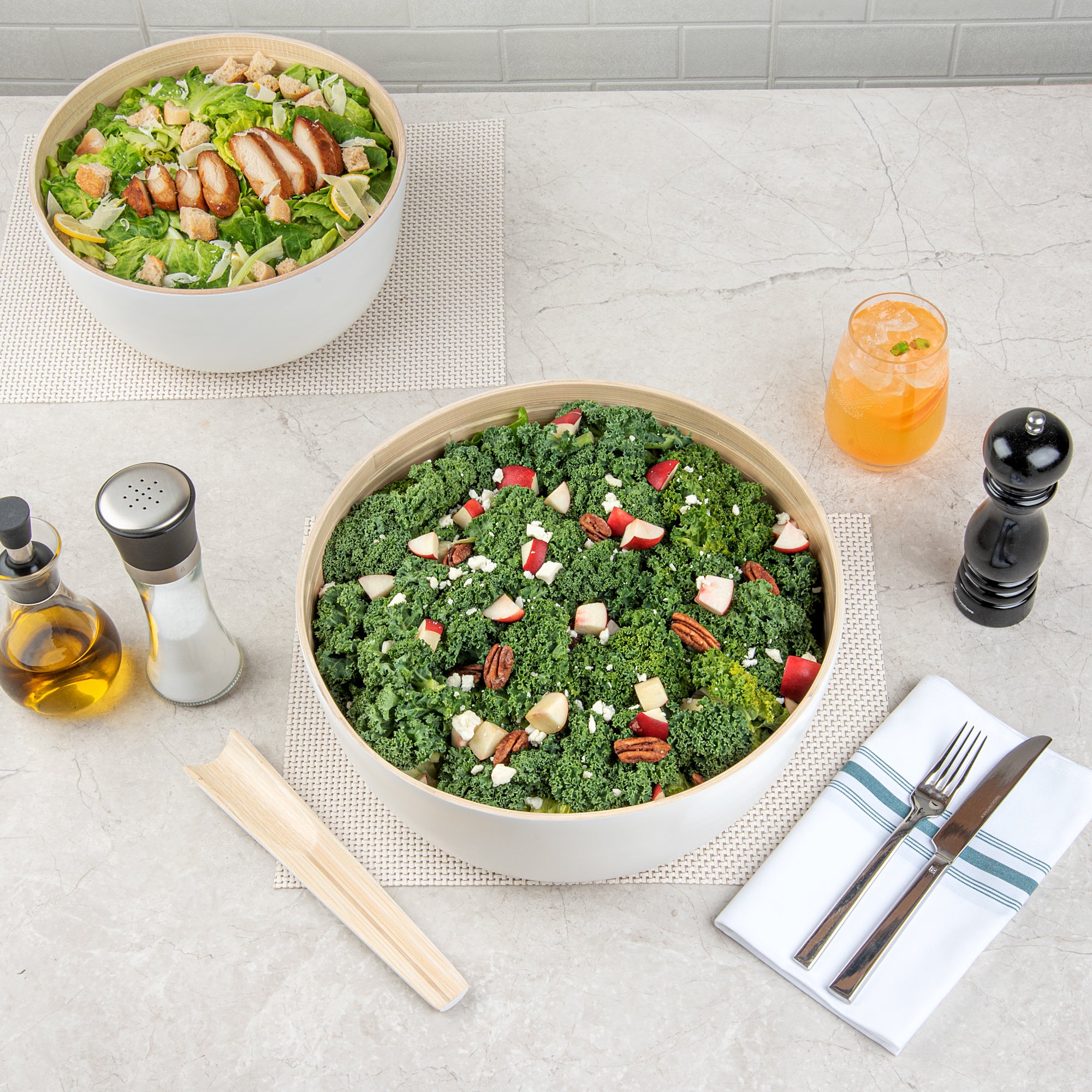 Bambuddha 51 oz Extra Large Round White Spun Bamboo Salad Bowl - 13.5