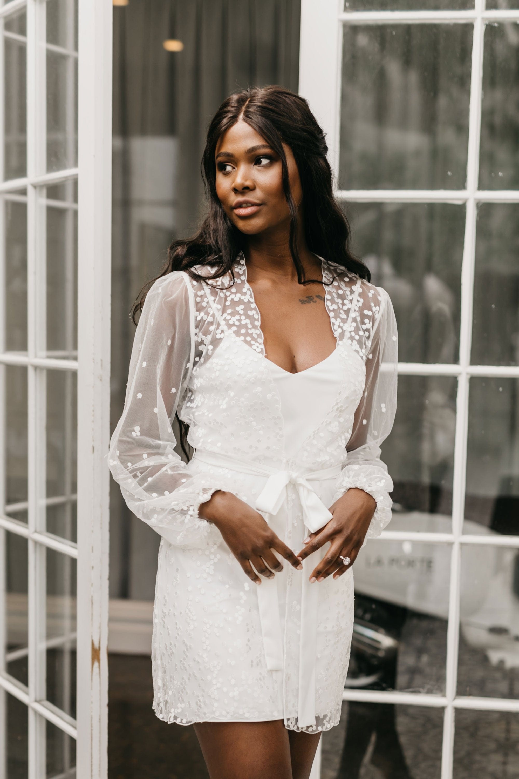 Camile Spot Lace Bridal Robe with Slip - Elegant Wedding Gown for Bridal Shower, Getting Ready & Honeymoon - Plus Size Available