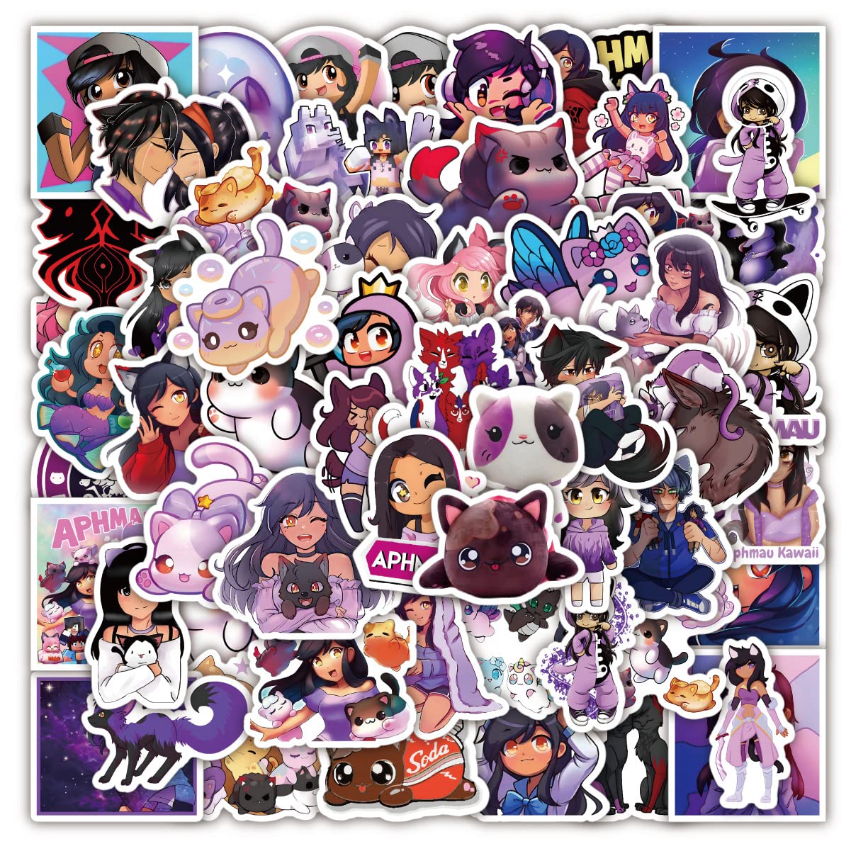 60PCS Cute Aphmau Kawaii Cat Plushie Graffiti Stickers Pack | Anime Game Vinyl Waterproof Decals for Water Bottles, Laptops, Phones, Luggage - Perfect for Teens, Adults & Kids DIY Crafts & Room Decor