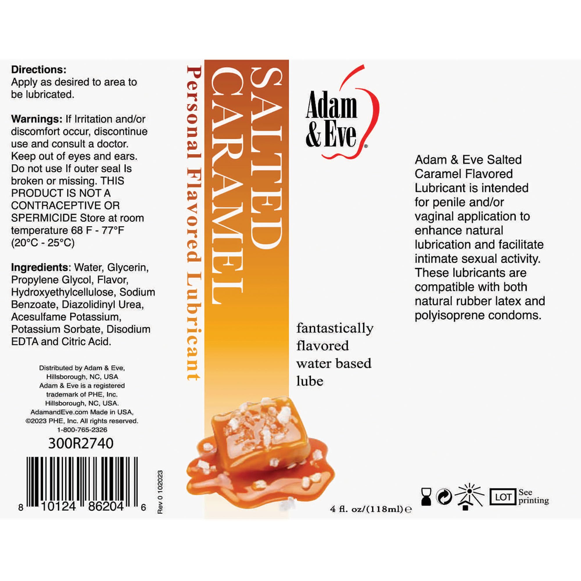 Adam & Eve Salted Caramel Flavored Water-Based Lubricant - 4oz Long-Lasting Personal Lube for Men & Women | Non-Sticky, Non-Staining Formula for Couples, Toys, Oral Sex & Sensual Massage | Perfect for Romantic Nights & Spicing Up Intimate Moments