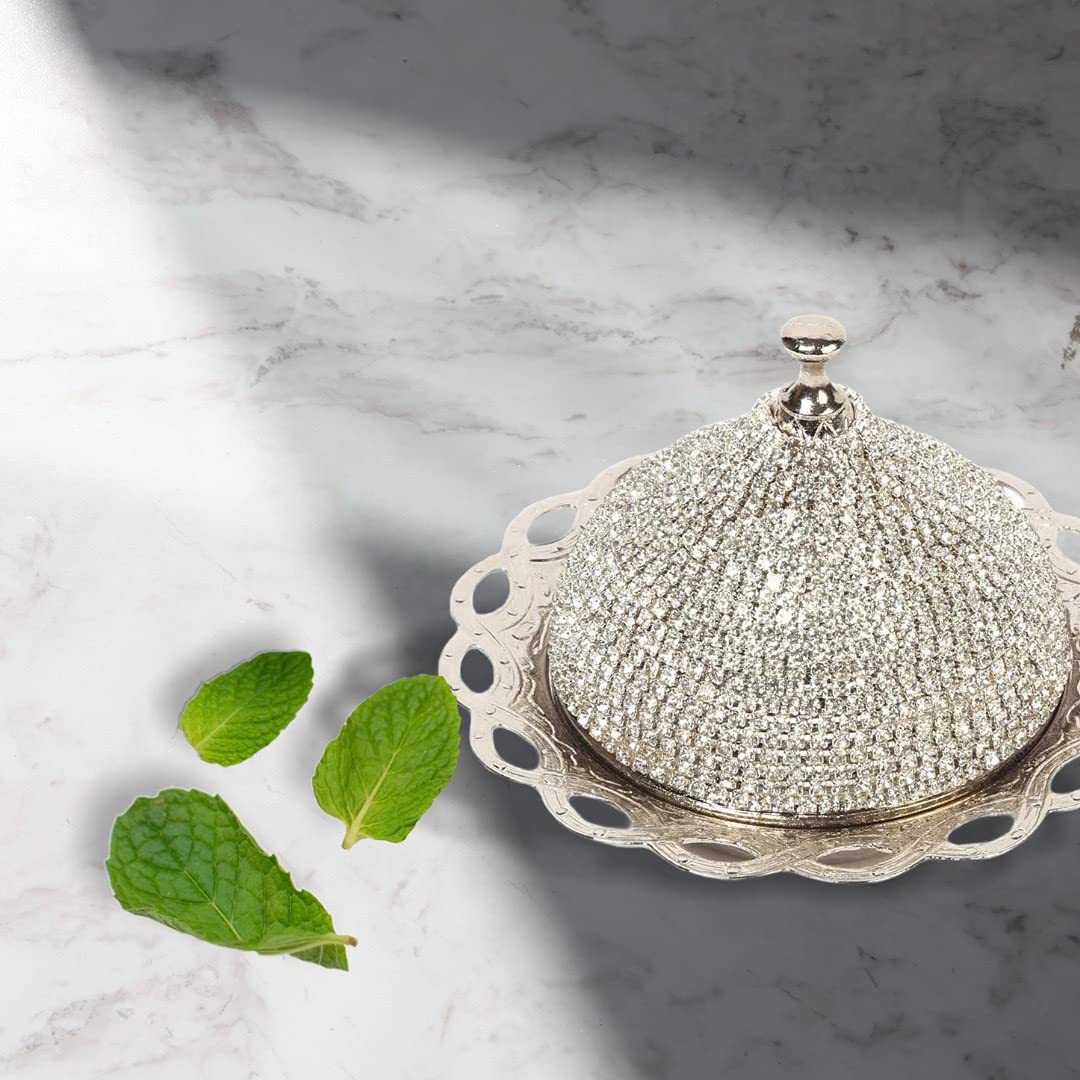 Handmade Brass Sugar Bowl with Lid - Coated Candy Dish for Chocolate & Sweets - Elegant Crystal & Silver Serving Bowl for Desserts, Tea Parties, and Home Decor