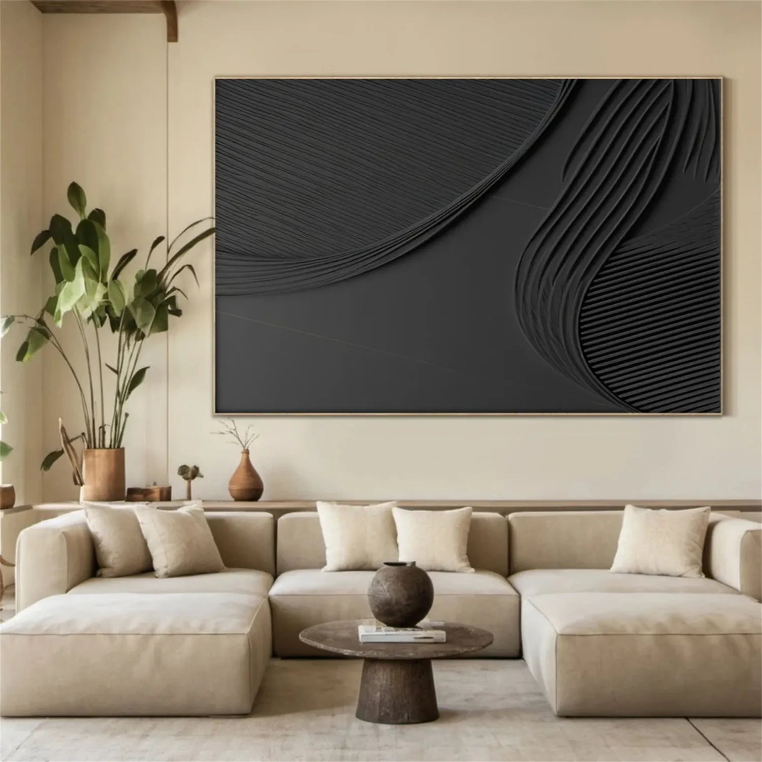 Black Minimalist Textured Abstract Wall Art Painting - Modern Home Decor for Living Room, Bedroom & Office #MZ127