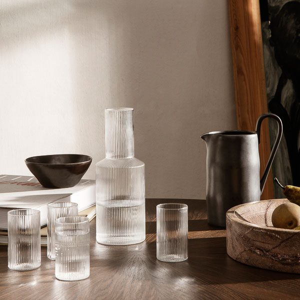 FERM LIVING Ripple Carafe Lid and Drinking Glass Set - Clear Glass Pitcher Cover with Matching Glass for Water, Juice & Beverages - Perfect for Home, Kitchen, and Party Serving
