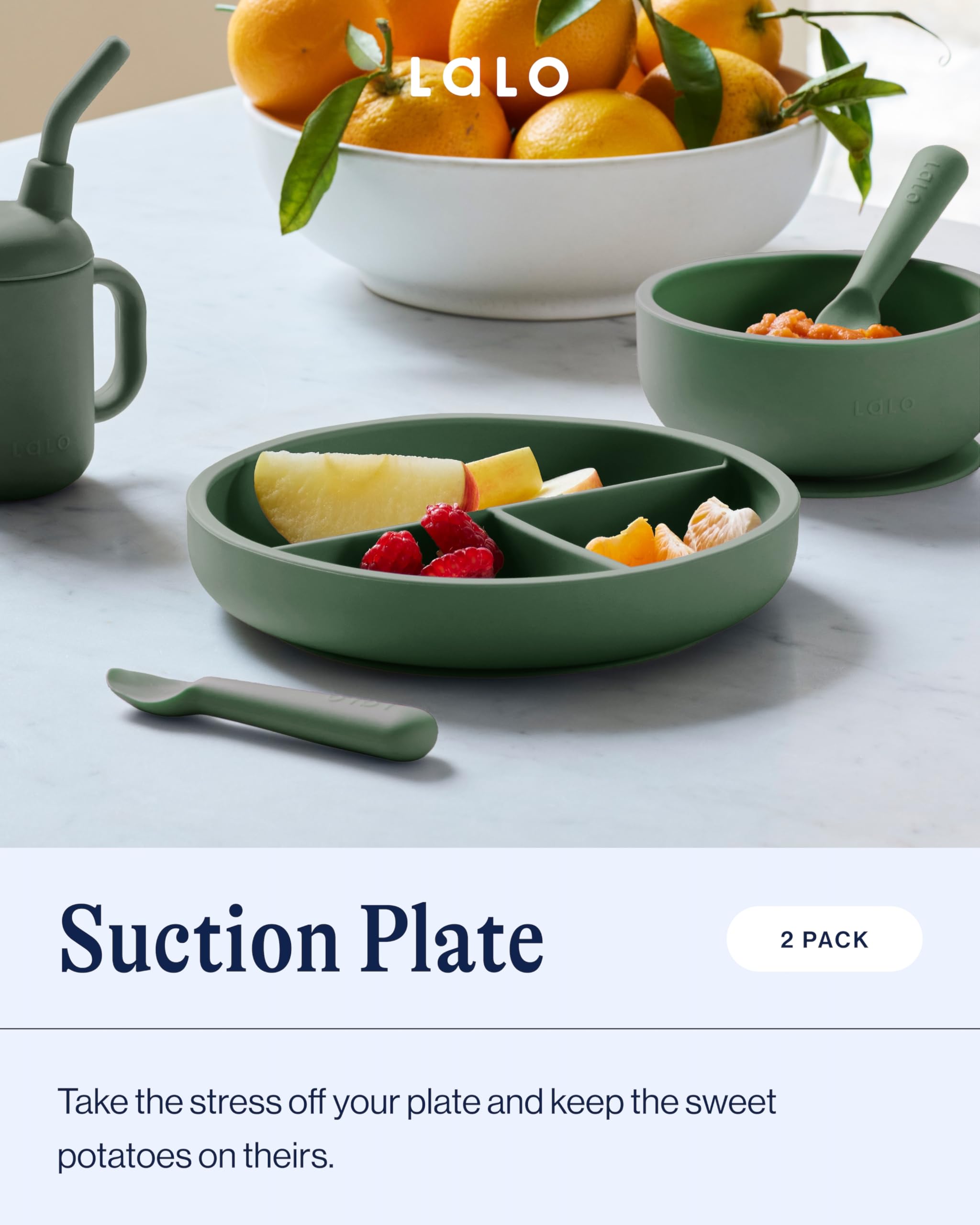 Lalo Suction Plates - 2 Pack, 100% Food-Grade Silicone Non-Toxic BPA-Free Baby Plates with Strong Suction Base | Toddler Plates with 3 Divided Sections for Easy Feeding | Dishwasher Safe | Olive Green | Perfect for High Chairs, Travel & Mess-Free Mealtime