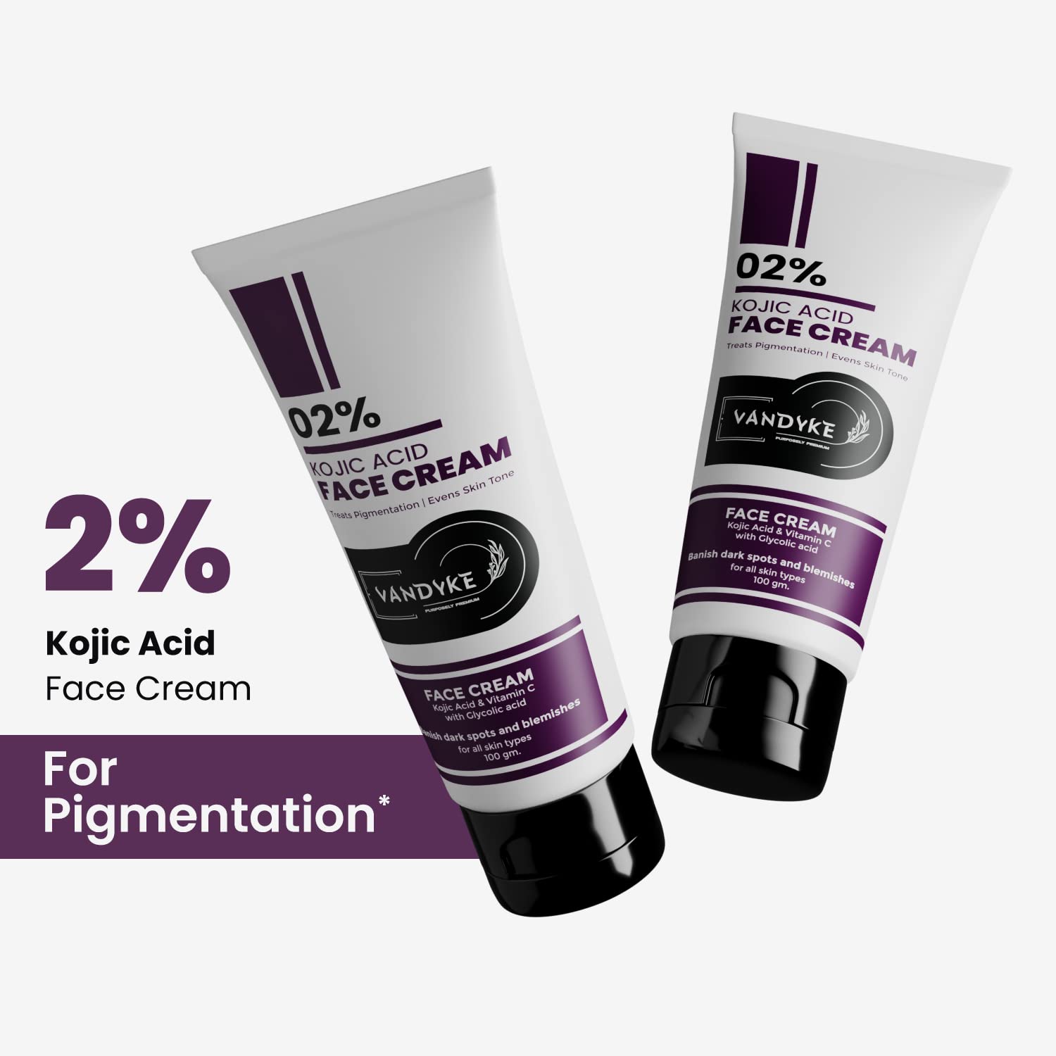 Vandyke 2% Kojic Acid Face Cream for Dark Spots & Hyperpigmentation - Brightening Skin Treatment for Even Tone (100g) | Daily Use for Acne Scars, Sun Damage & Age Spots