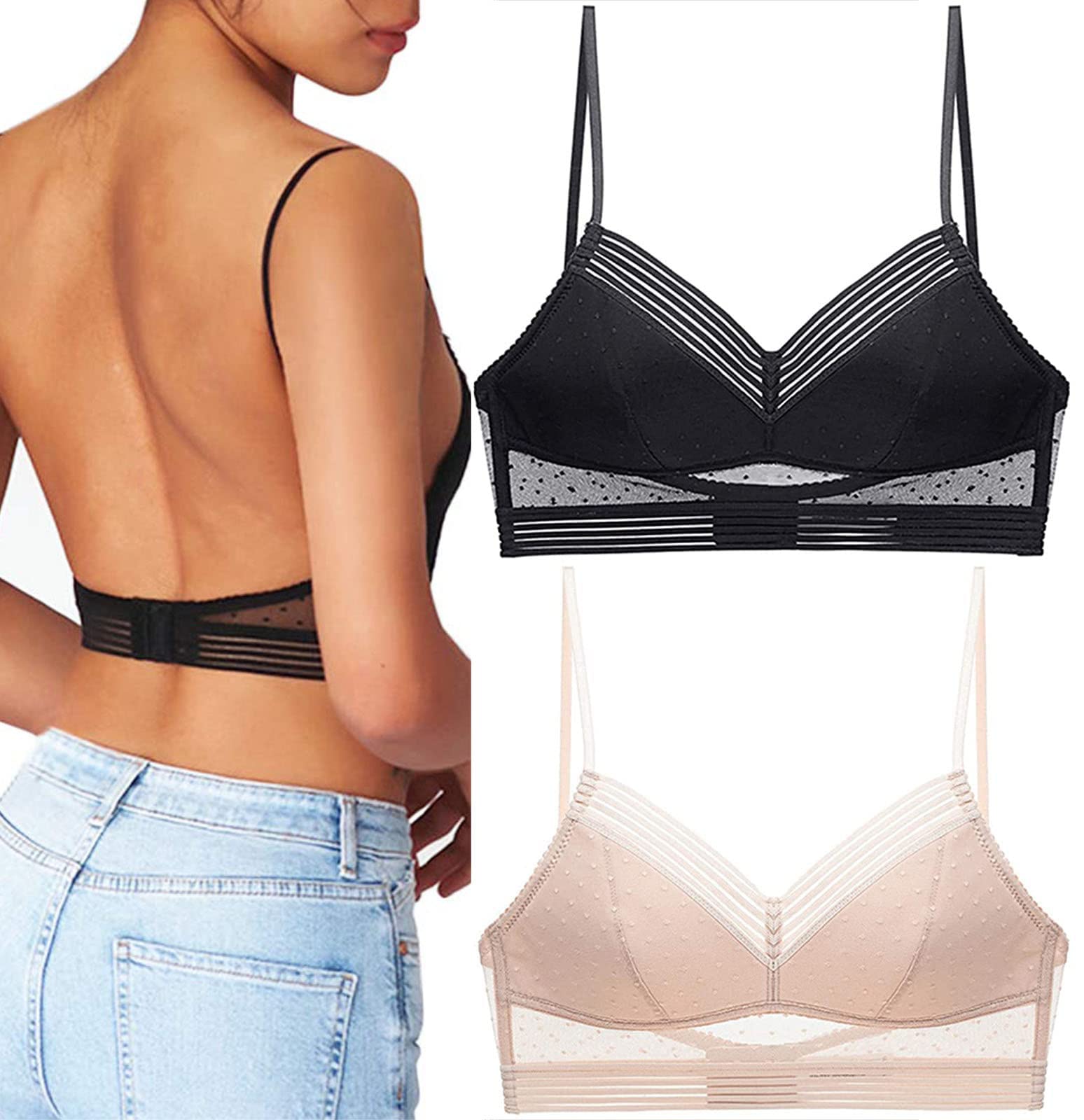 Starry Low Back Wireless Push Up Lace Bra - Sexy Lace U-Back Lifting Bra for Women | Perfect for Evening Dresses, Backless Outfits & Special Occasions