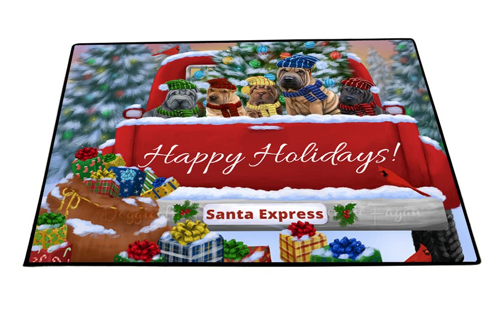 Christmas Red Truck Traveling Home for The Holidays Shar Pei Dogs Non-Slip Floor Mat - Indoor/Outdoor Pet Door Rug for Home Entrance - Washable Front Door Mat 24x36 Inches - Perfect for Holiday Decor & Pet-Friendly Entryways