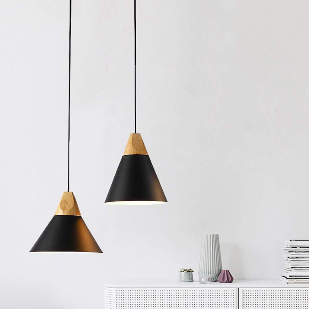 Modern Nordic Pendant Ceiling Light with Metal & Wooden Frame - E26/E27 Base, Black Metal Shade - Contemporary Hanging Lamp for Living Room, Bedroom, Dining Room, Kitchen, or Office Lighting
