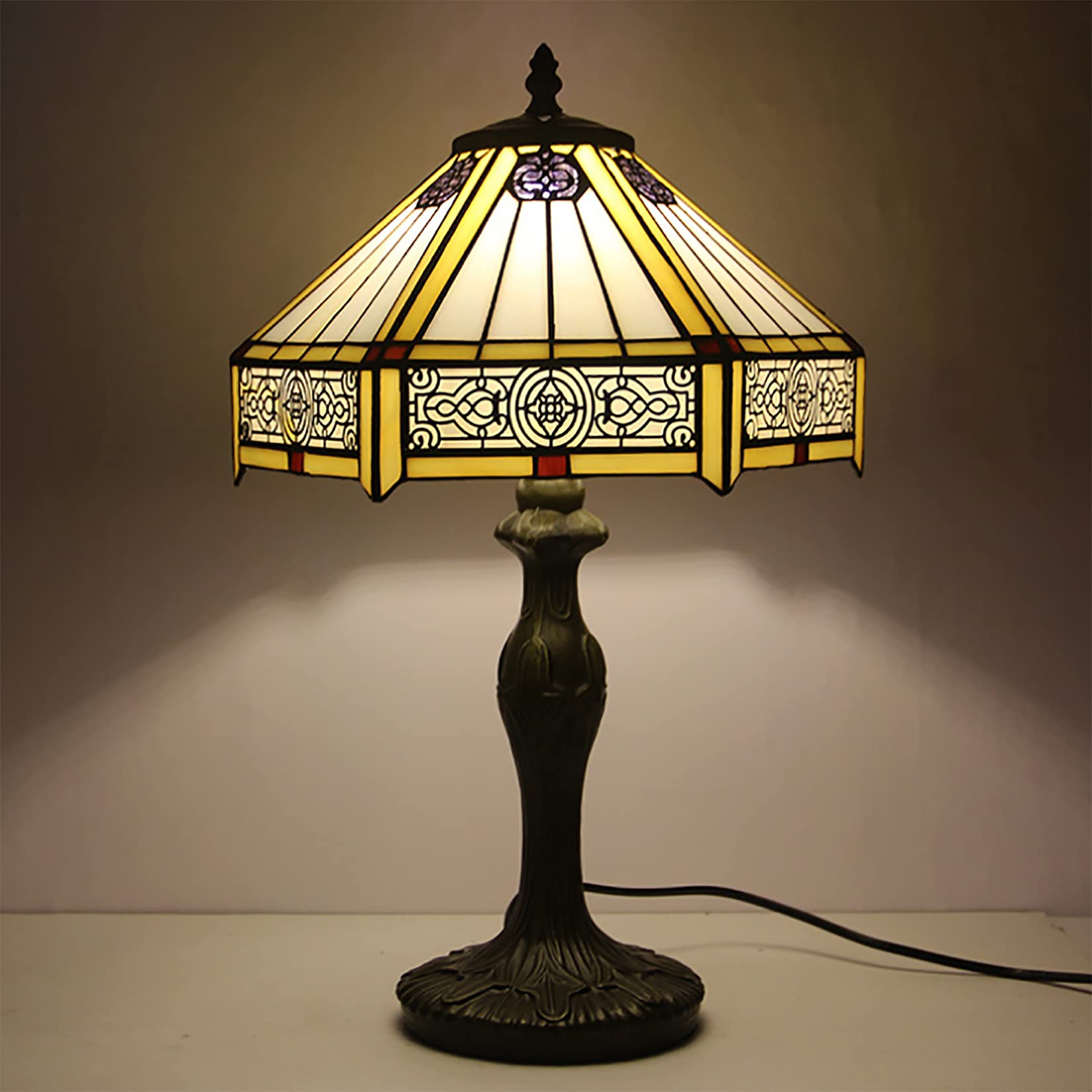 Tiffany Style Table Lamp - Yellow & White Stained Glass Hexagon Mission Lamp with Industrial Farmhouse Metal Base - Perfect for Living Room, Bedside, Office or Study Desk Decor