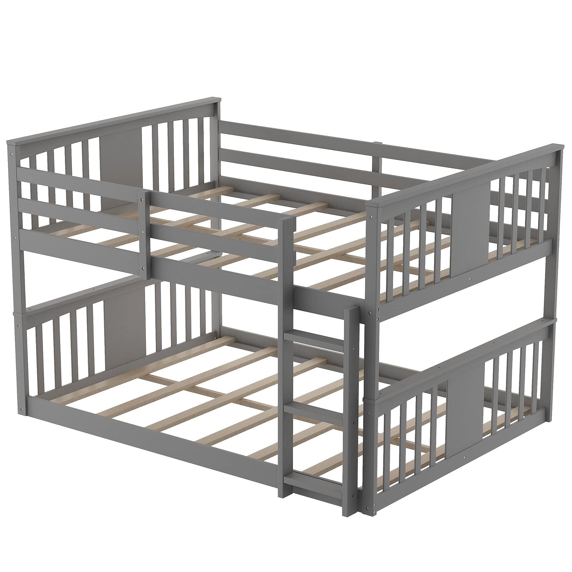 Full Over Full Wooden Bunk Bed for Kids & Toddlers with Built-in Ladder & Safety Guard Rails - Gray Twin Bunk Bed Frame for Boys Girls Bedroom, Dormitory, or Small Space Saving Kids Room Furniture