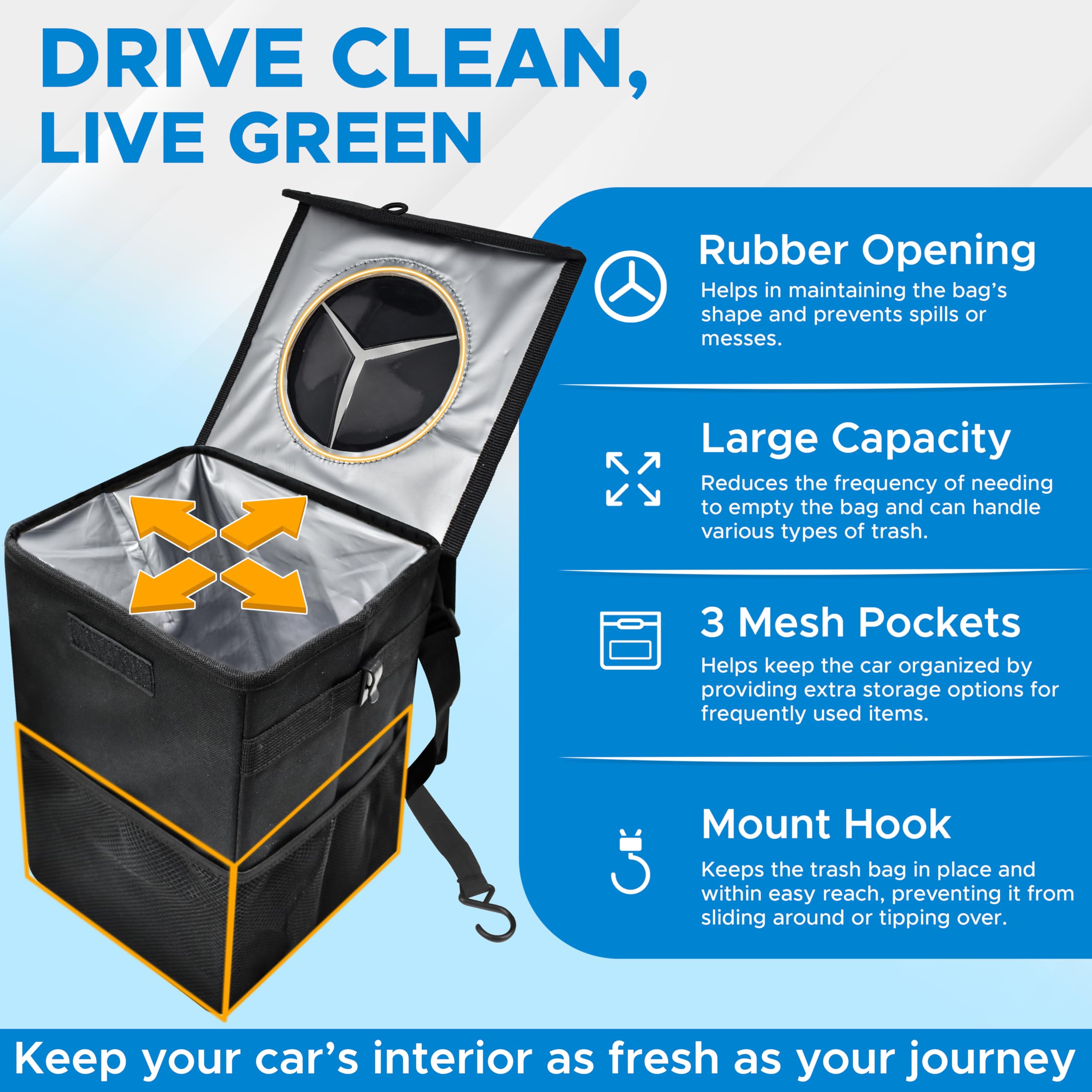 EcoNour 1.5 Gallon Hanging Car Trash Can with Lid - Waterproof Auto Garbage Bin for SUV, Truck & Vehicle - Black Multi-Purpose Storage Organizer - Perfect for Road Trips, Commuting & Family Travel