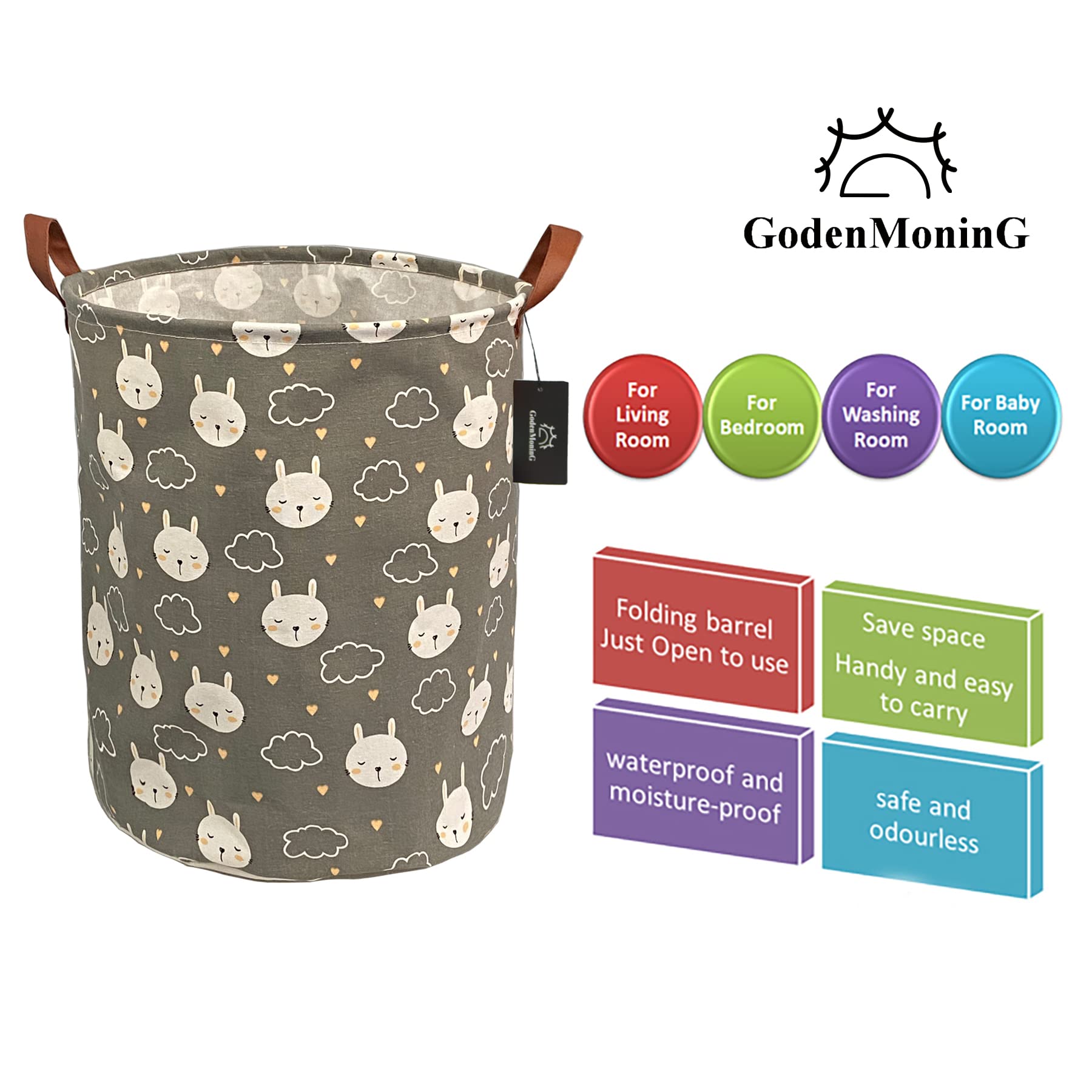 Foldable Laundry Hamper Basket - Large Waterproof Collapsible Storage Bin with Handles for Home Organization, Nursery, Toys & Clothes (Grey Bunny) | Perfect for Small Spaces, Kids Room & Laundry Room Storage